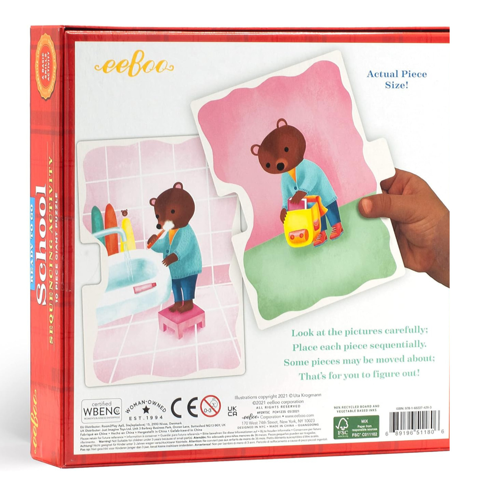 Eeboo Ready to Go School Sequencing Puzzle PreK Kindergrten 10 Giant Pieces New