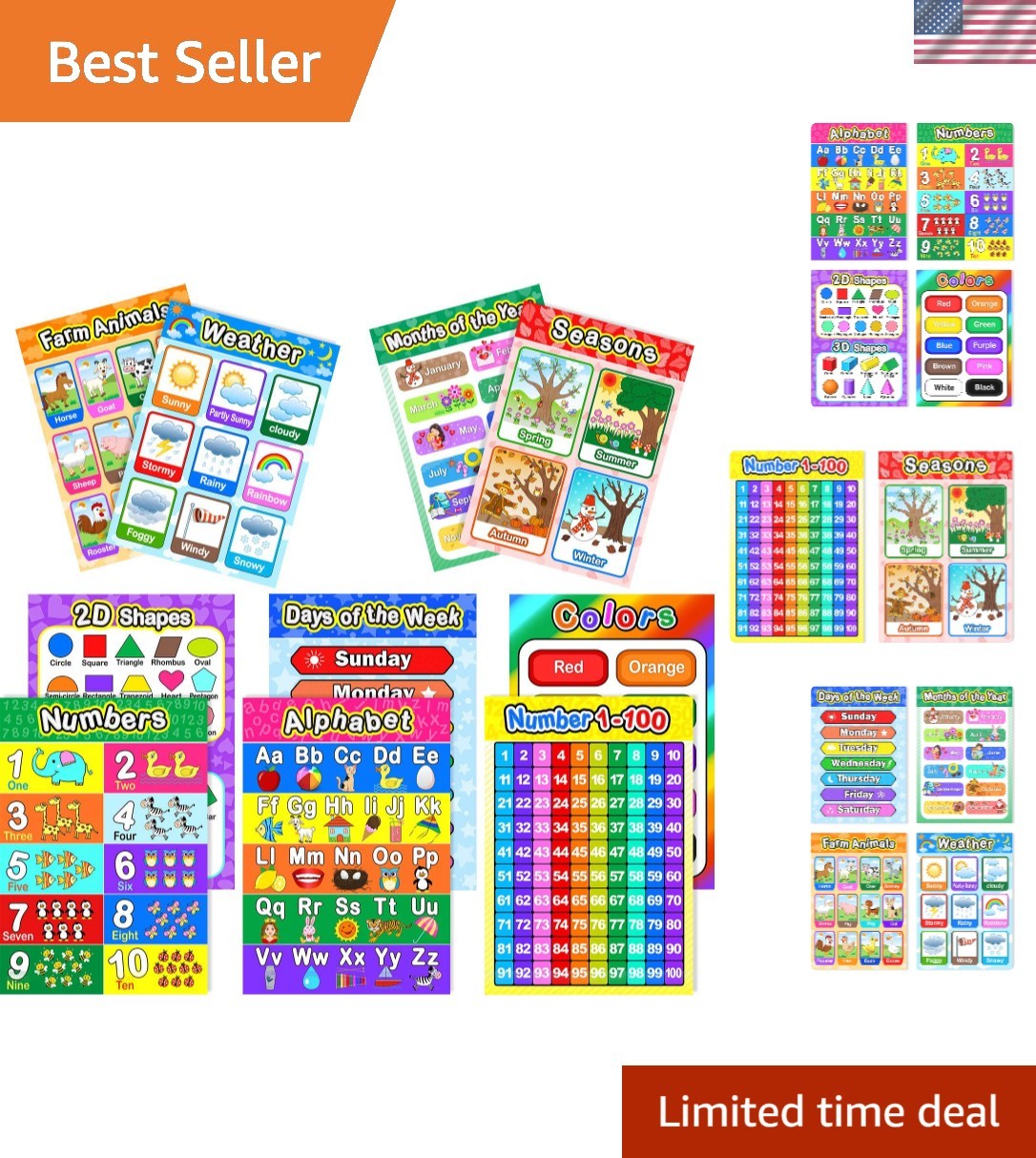 Flat-Shipped 10-Piece Education Poster Set for Interactive Preschool Learning