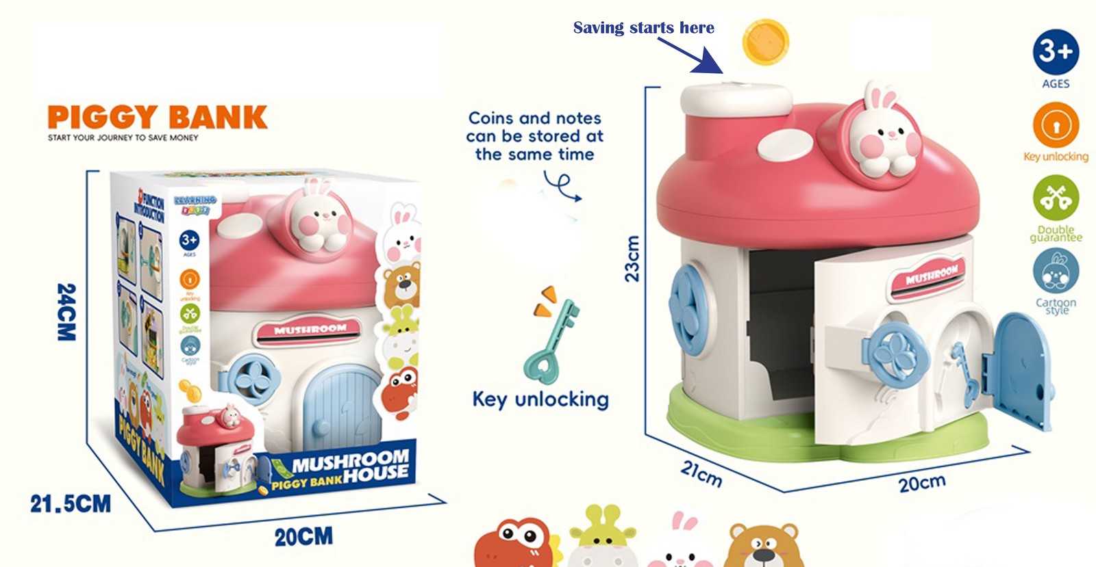 Whimsical Mushroom House Piggy Bank Unique Gift with 2 Keys and Lock