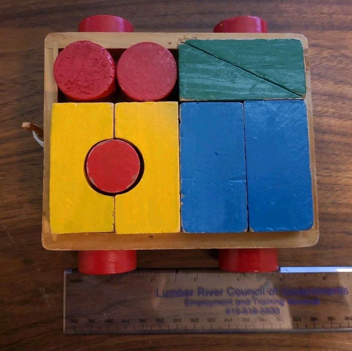 Vintage Wooden Pull Along Trailer Block Puzzle Montessori Waldorf Toy