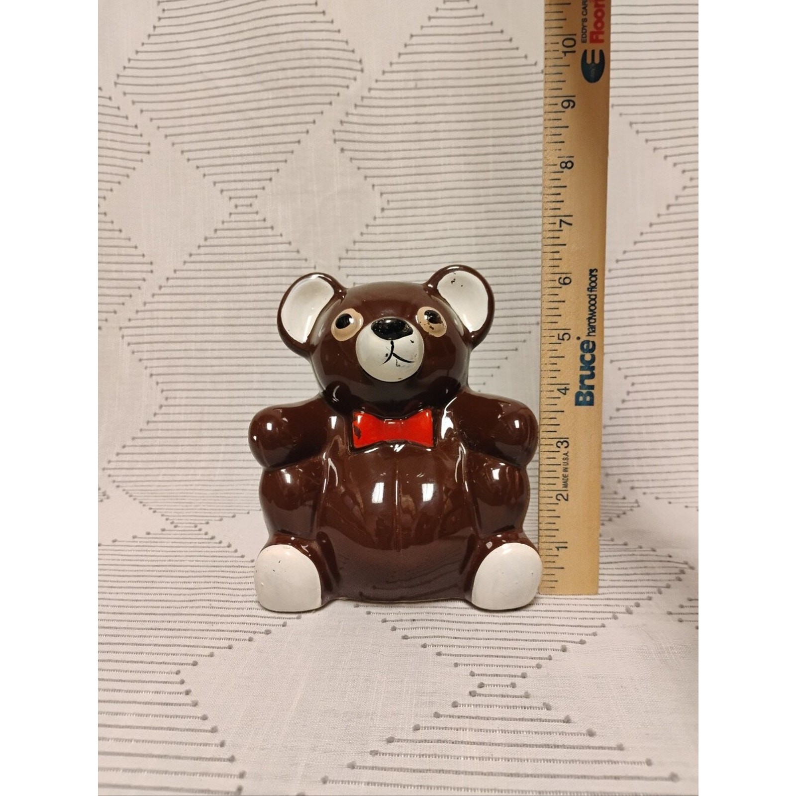 Vintage Brown Teddy Bear Ceramic Bank with Red Bow Made In Japan 70s