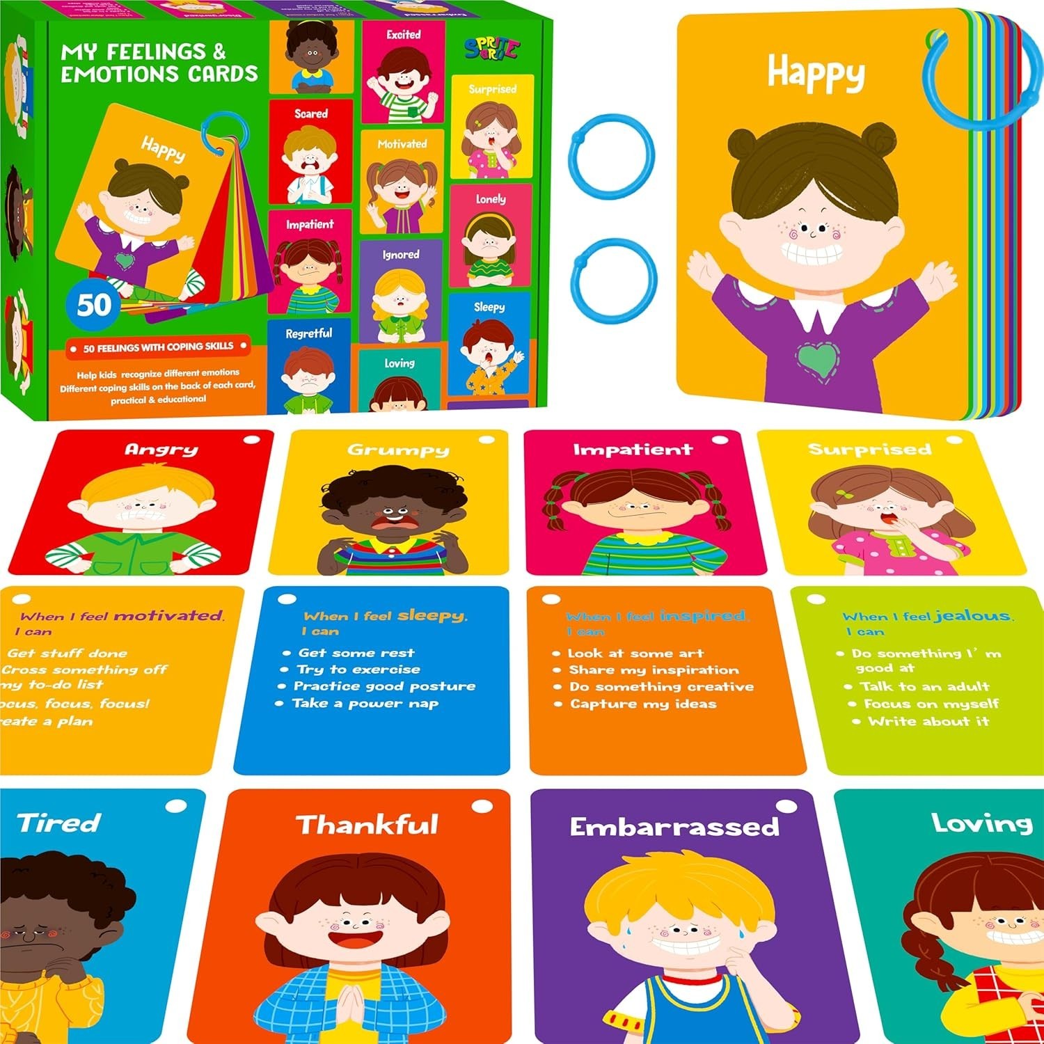 Double-Sided Kids Emotion Flashcards – 50 Cartoon Faces & Skills for Therapy