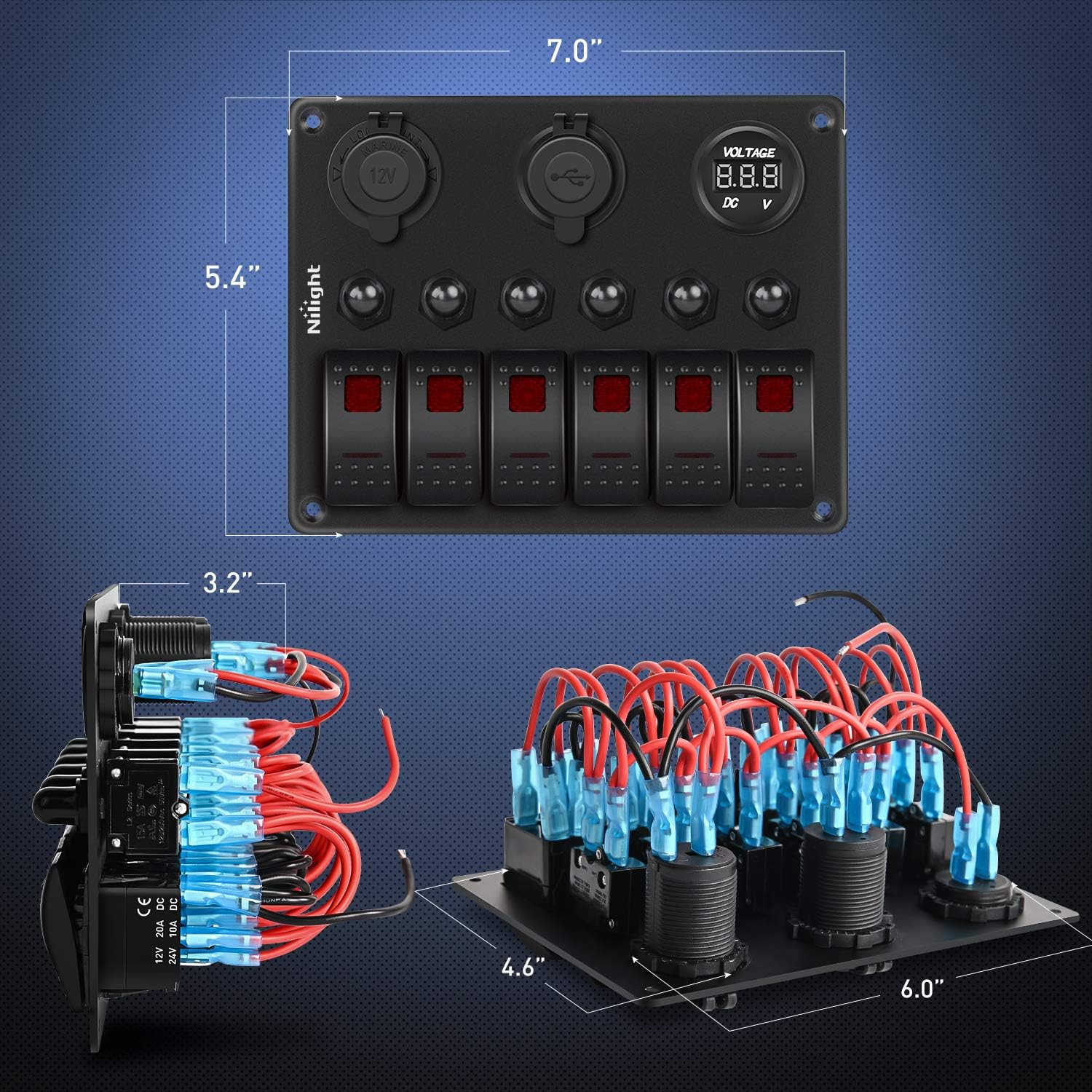 Nilight 6 Gang on off Rocker Switch Panel Red Backlit 12V 24V LED Digital