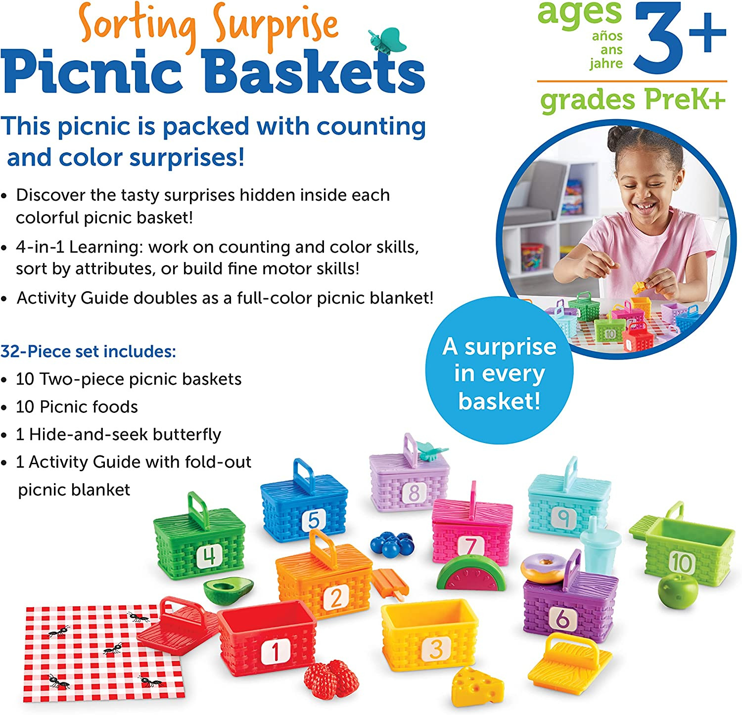 Sorting Surprise Picnic Baskets, Toddler Sorting & Matching Skills Toy, Fine Mot