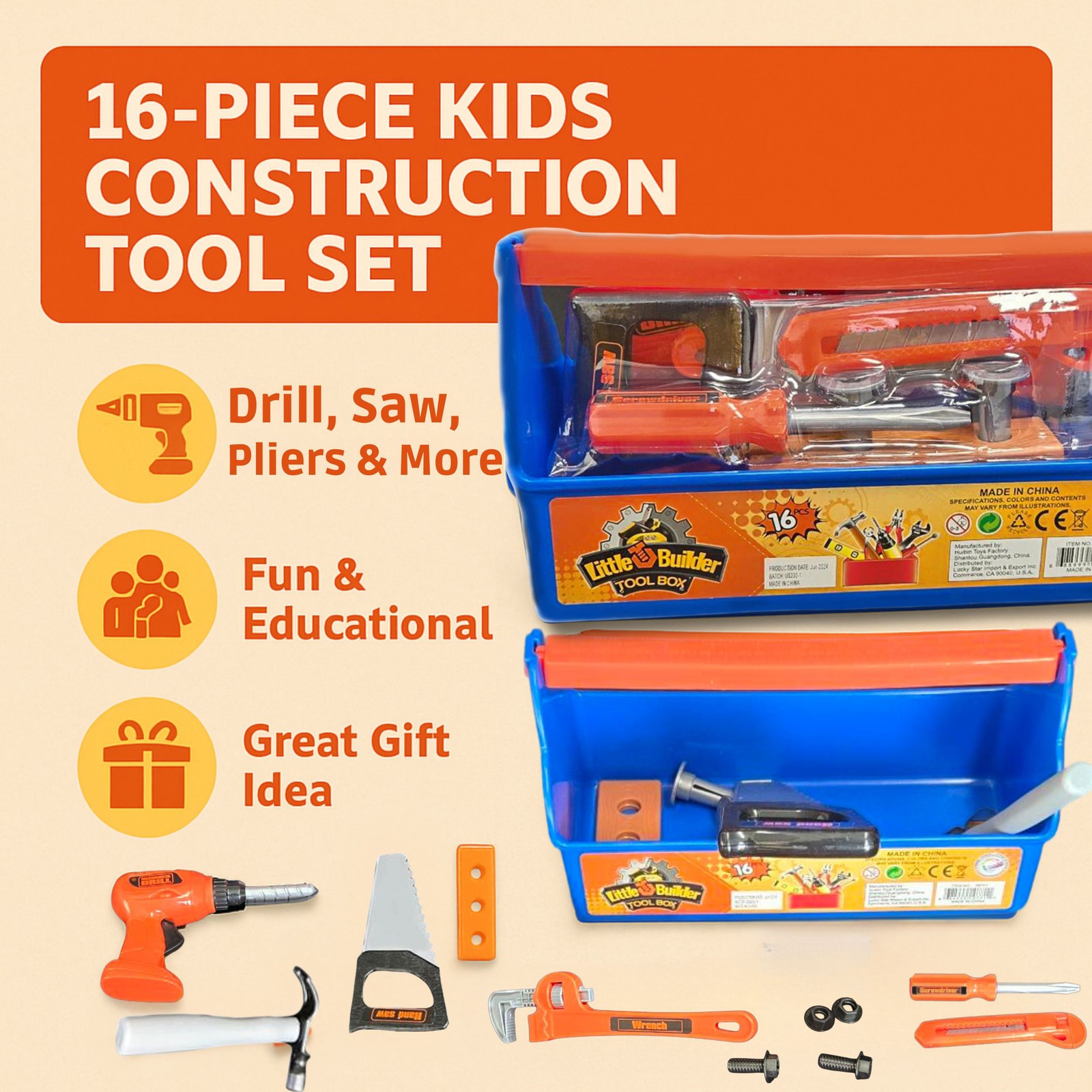 16-Piece Construction Tool Set Safe & Durable Building Toys Kids Christmas Gift