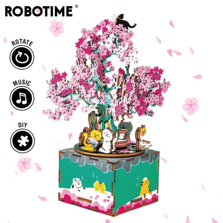 Robotime DIY Wooden Music Box 3D Rotatabl Cherry Tree Cat Party Assembly Puzzle