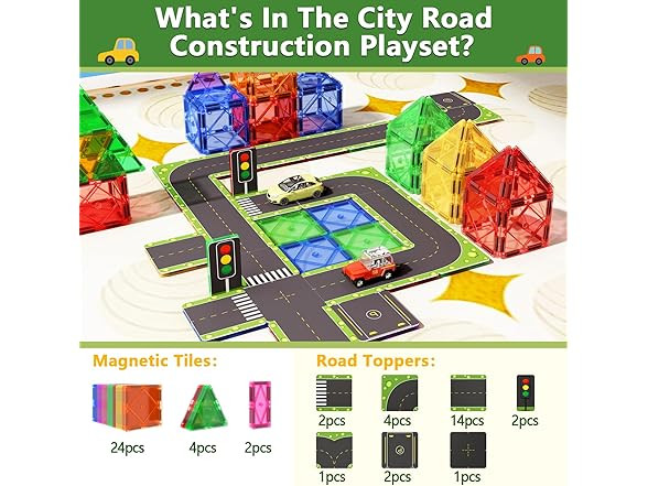 Magnetic Tiles Road Toppers Set Building 32 Tiles STEM City Construction