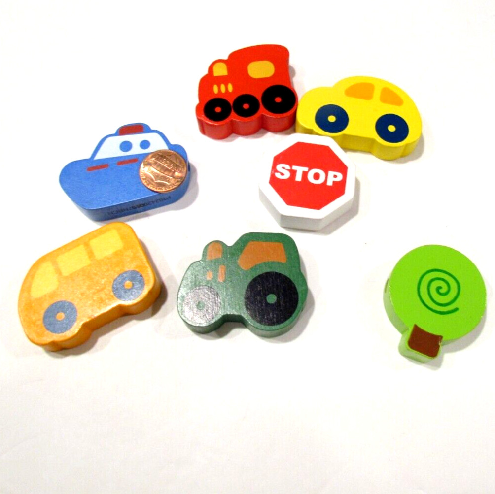 Lot of 7 Colorful Wooden Beads Bus Train Car Tree Stop Sign Tractor Boat / Ship