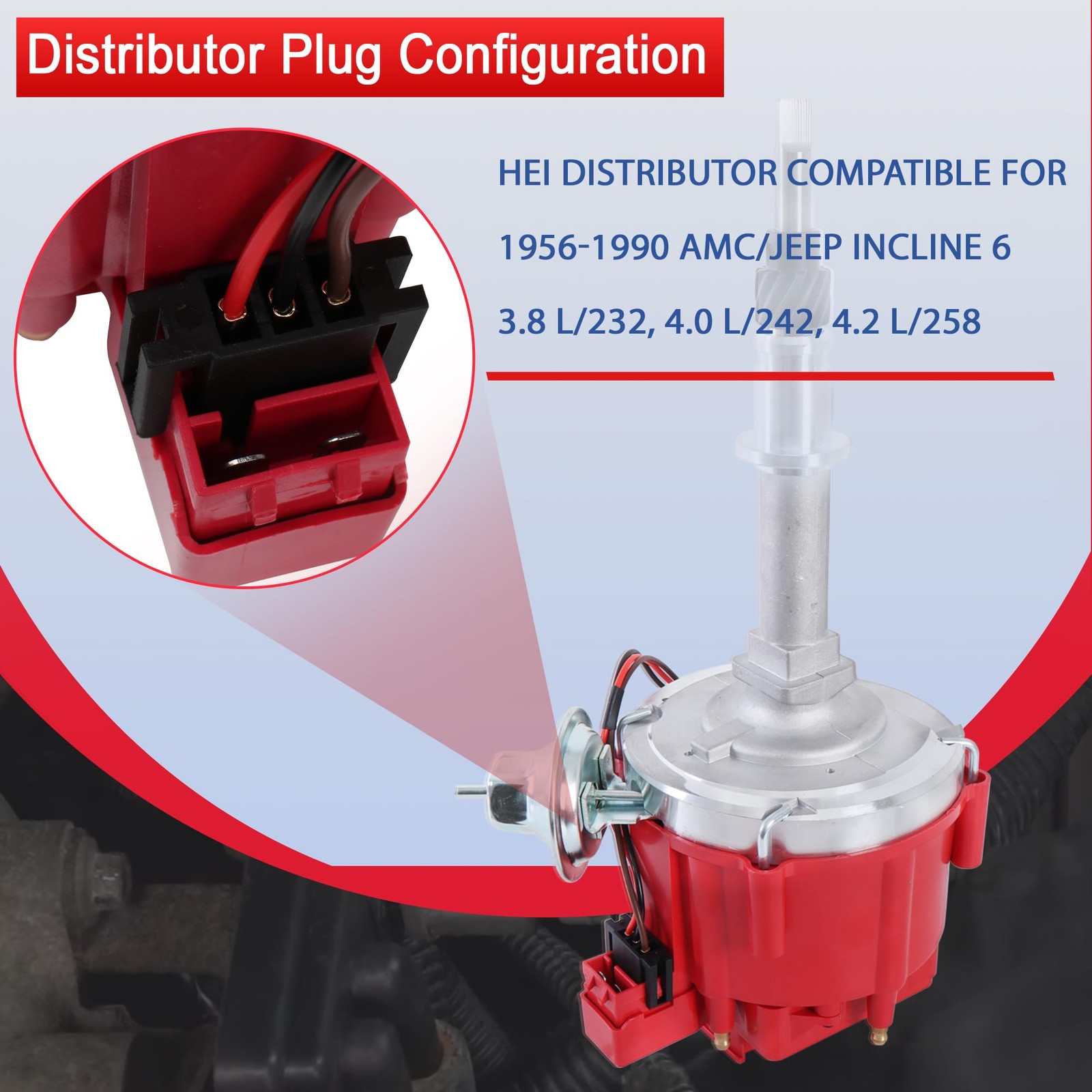HEI Distributor w/ Plug Wires for Jeep AMC 232 242 258 I6 65K Coil Red Cap