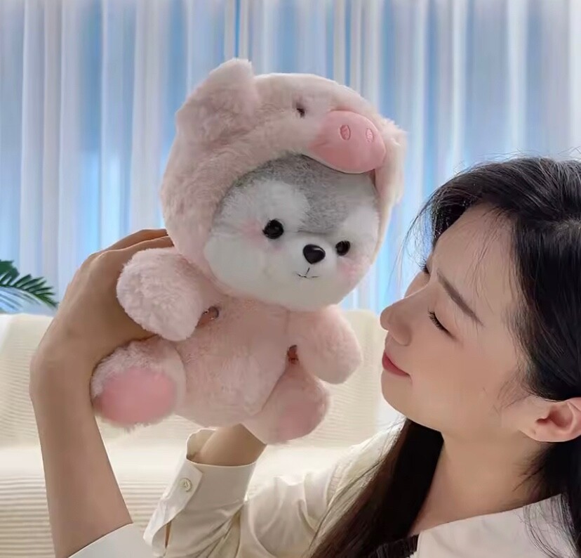 NEW Cute Husky Dog Plush Stuffed Animal with Pink Pig Costume for Women