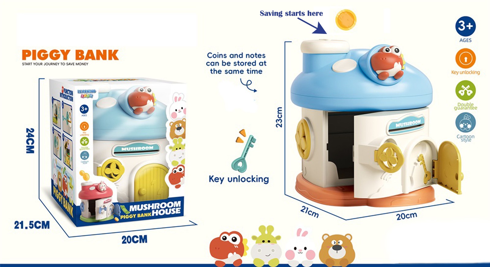 Whimsical Mushroom Piggy Bank Variation Listing with Secure Lock and Keys