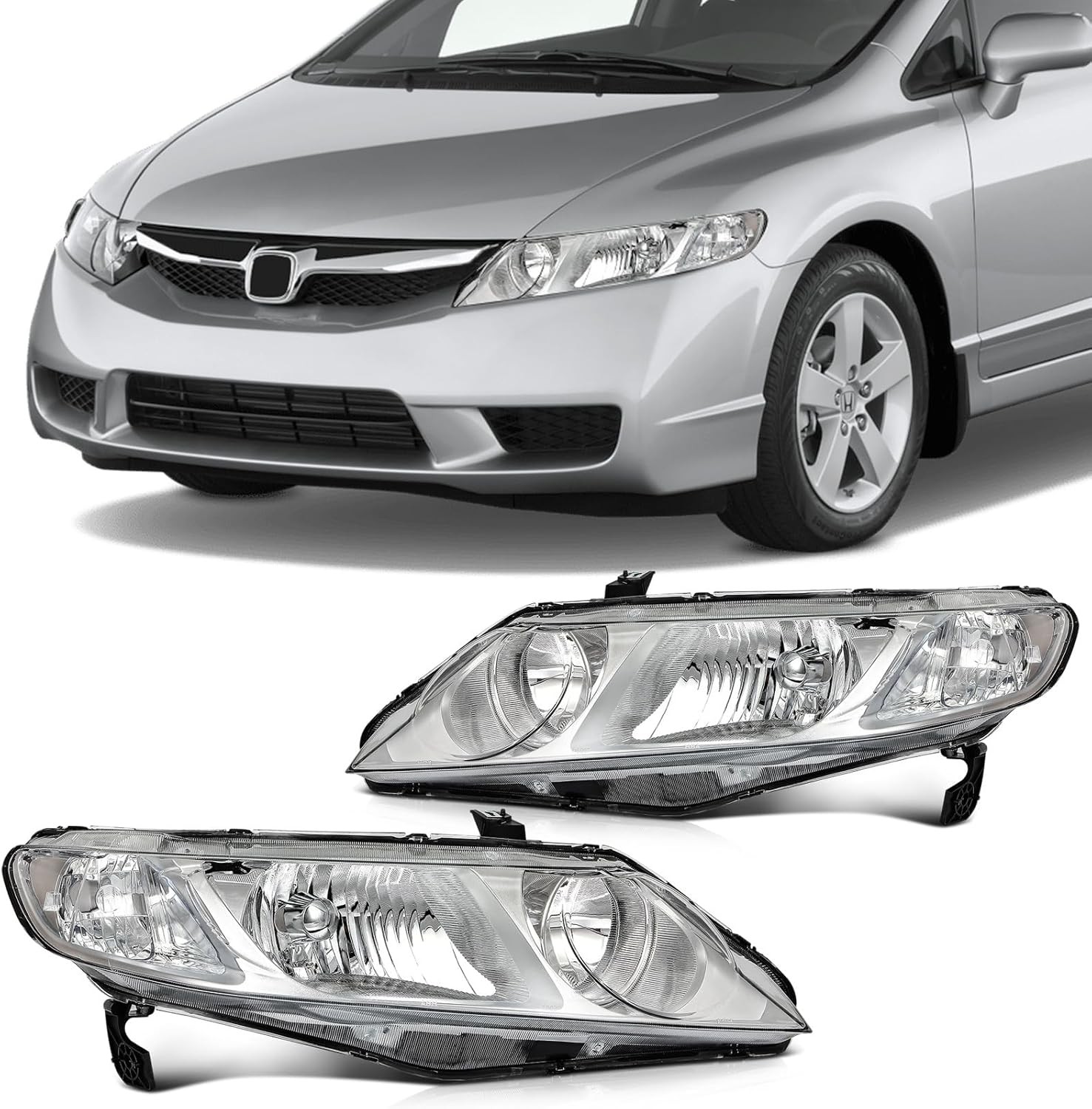 06-11 Honda Civic Sedan Headlights Chrome Housing Clear Reflector Pair Left
