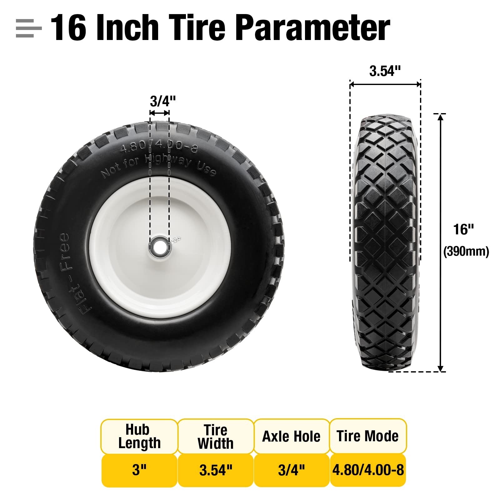 16″ Flat Free PU 4.80/4.00-8″ Solid Tire with 3/4″ Ball Bearing and 3″-8″ Cen…