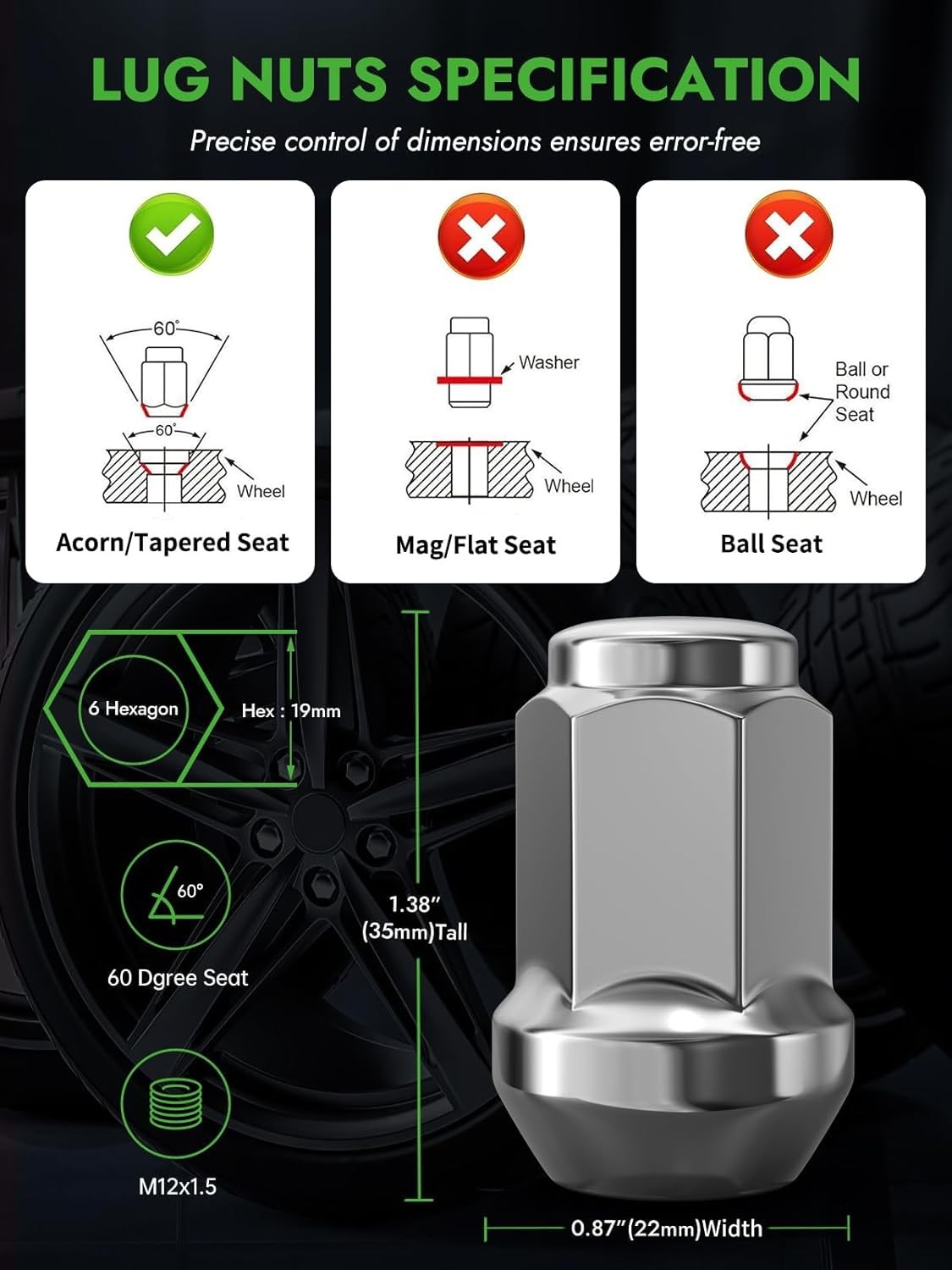 M12x1.5 Lug Nuts 20PCS Chrome Closed End for Ford Jeep Chevy Wheels