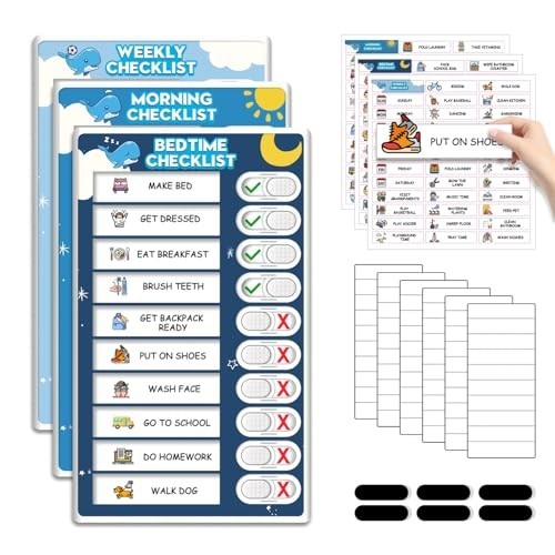 3-in-1 Kids Routine Chart – Magnetic Bedtime, Morning & Weekly Schedule with 99