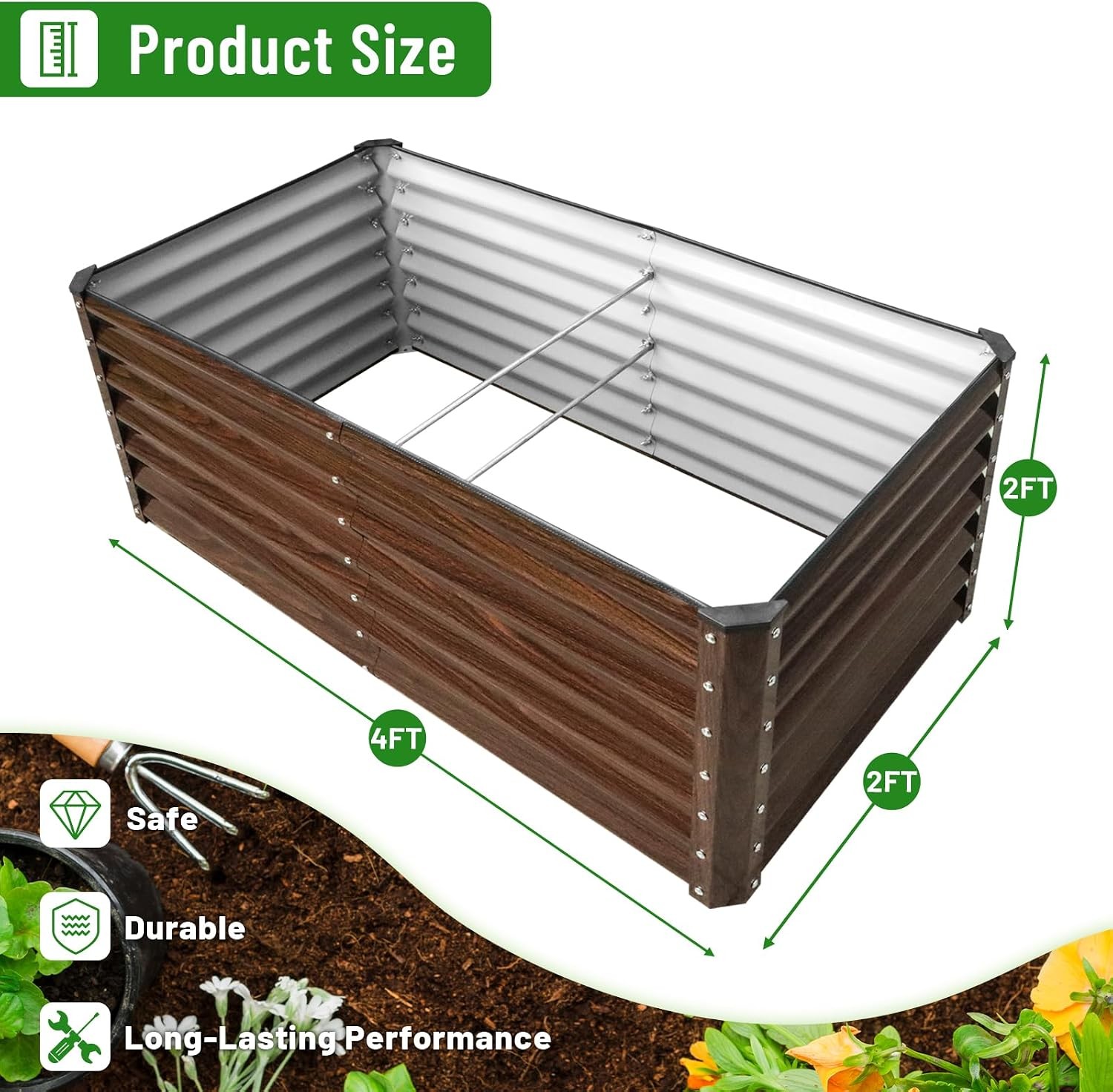 2-Pack 4x2x2FT Galvanized Raised Garden Bed Kit, Metal Planter Box for Planting