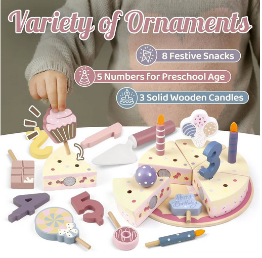Wooden Kids Kitchen Toy Birthday Cake Pretend Play Cutting Food Educational Gift
