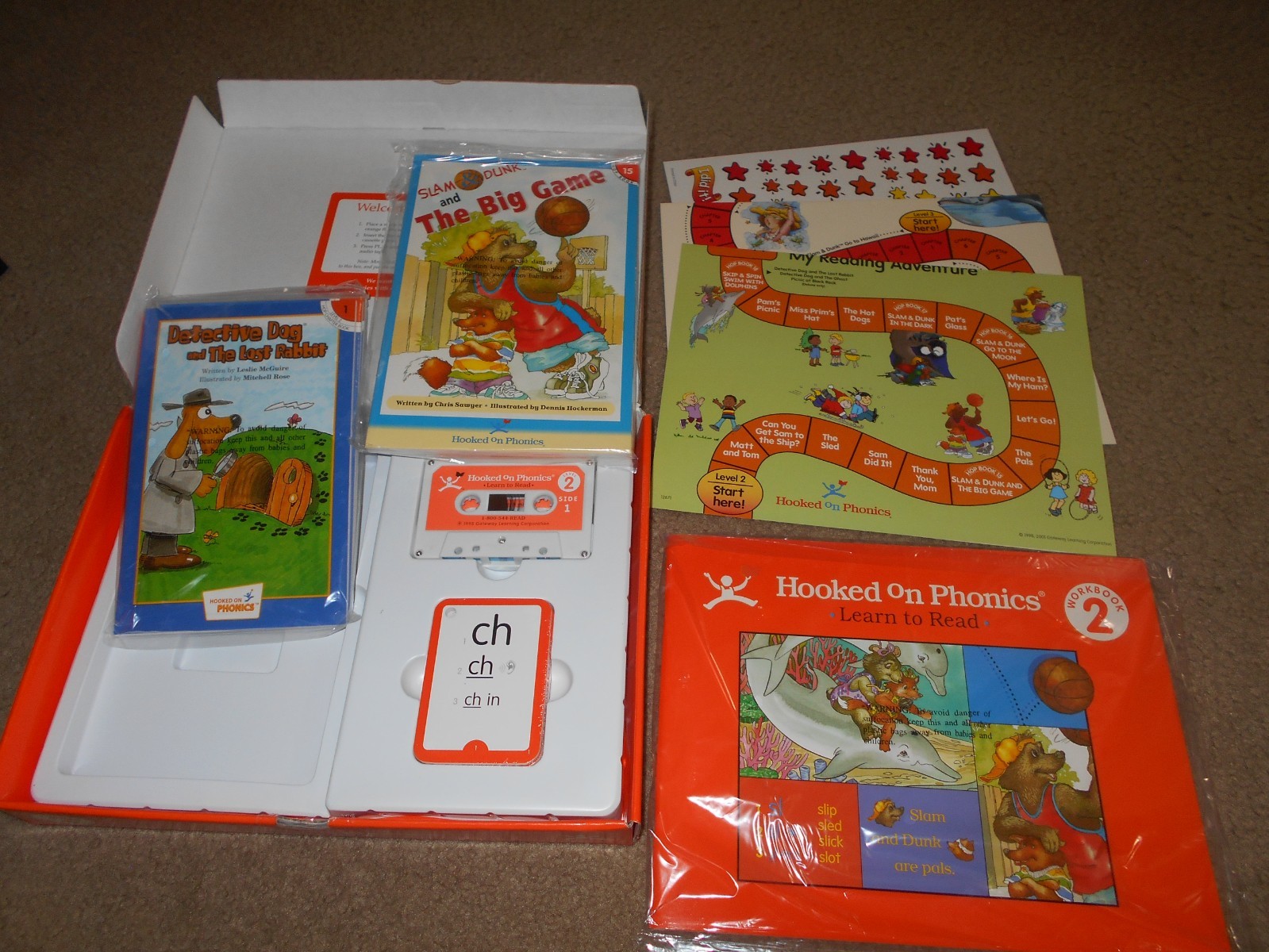 Hooked on Phonics Learn to Read Level 2 audio cassette tapes, flash cards, books