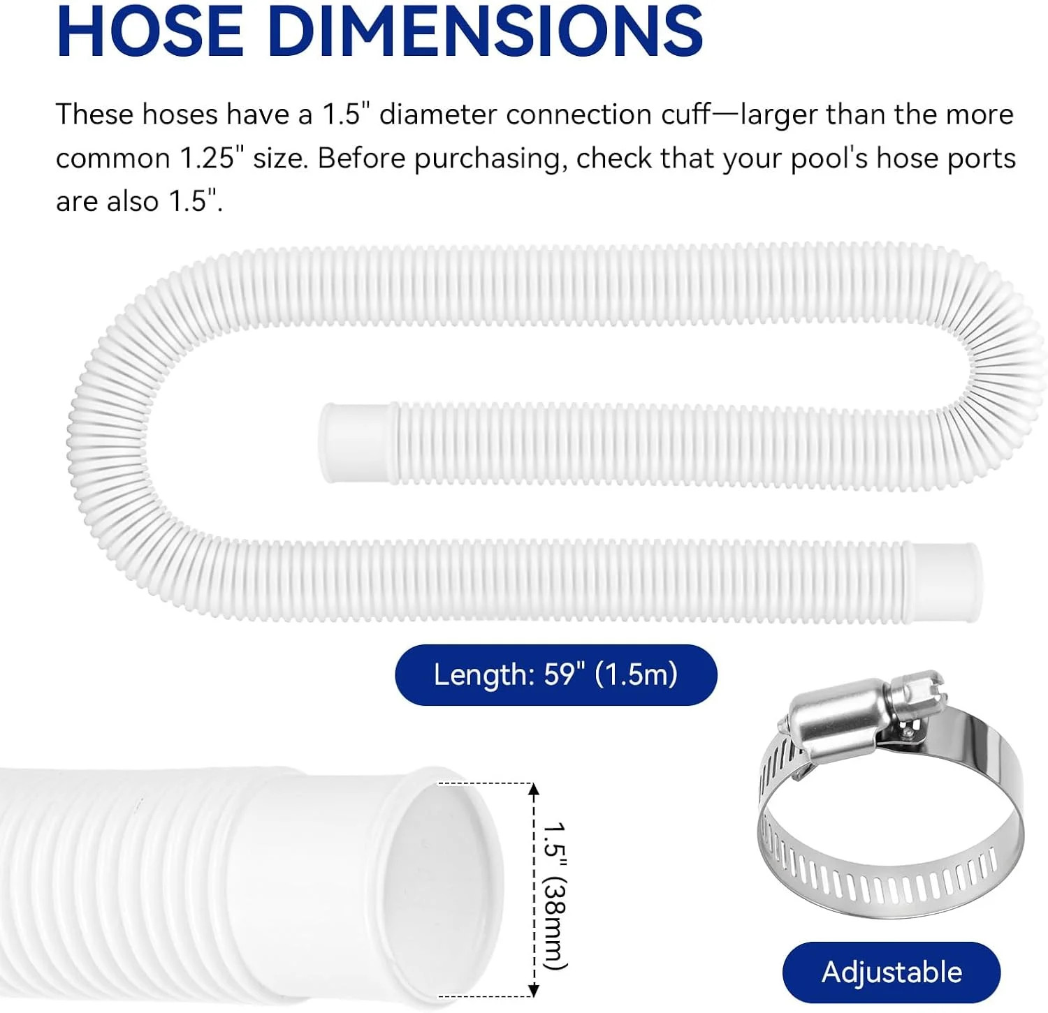 Pool Hoses for Above Ground Pools 1.5″ Diameter x 59″ Long, 2 Pack 1.5 Inch Abov