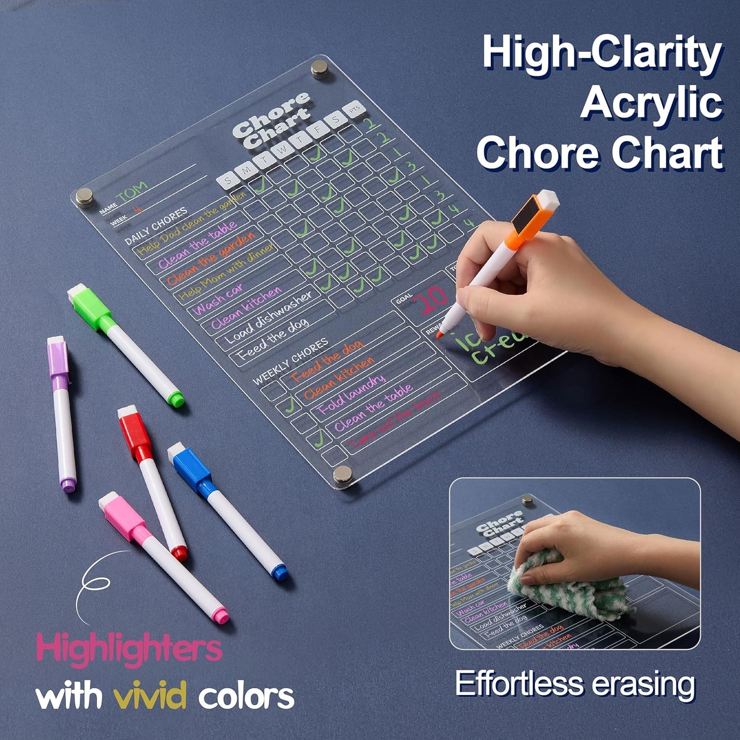 2 pcs Acrylic Magnetic Chore Chart for Kids on Fridge, Chore Board, Dry Erase…