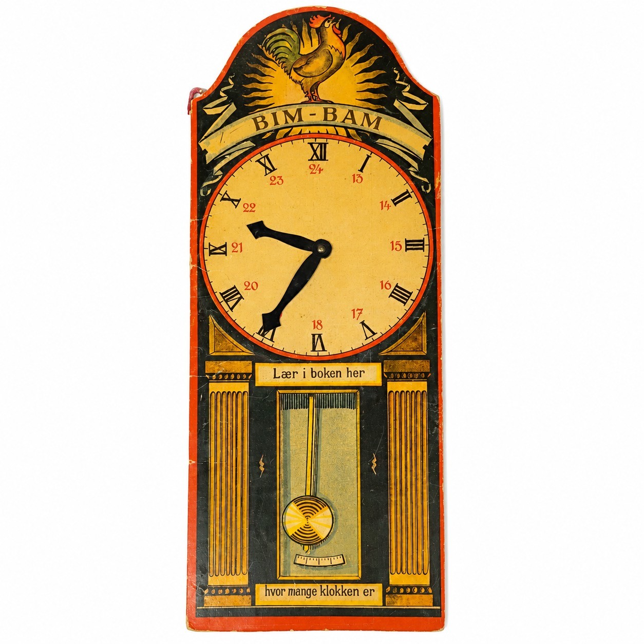 Vtg BIM-BAM Learning Clock Norwegian Cardboard Teaching Clock Rooster Wall Toy