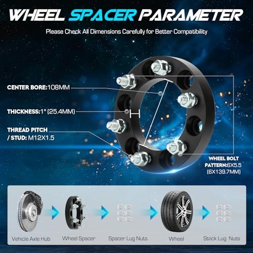 4pcs 6×5.5 Wheel Spacers M12x1.5 Thread Pitch 108mm Bore for 2004-2014 Chevrolet