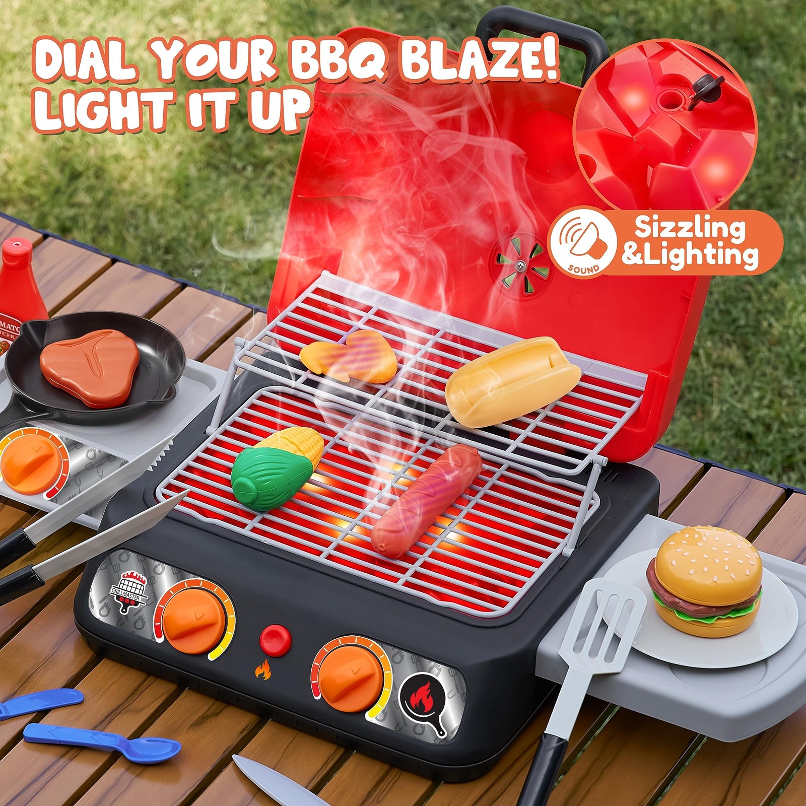 Kids BBQ Grill Playset, Kitchen Toy Set with Pretend Smoke, Light, Sound & Co…