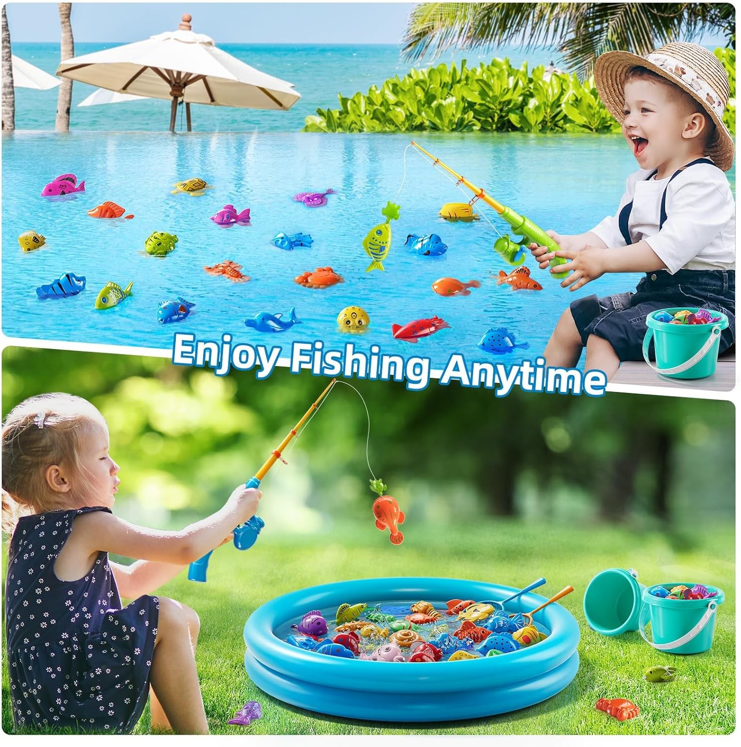 JUKUDAHU Magnet Fishing Toys Game Floating Fish Inflatable Pool Pole Rod