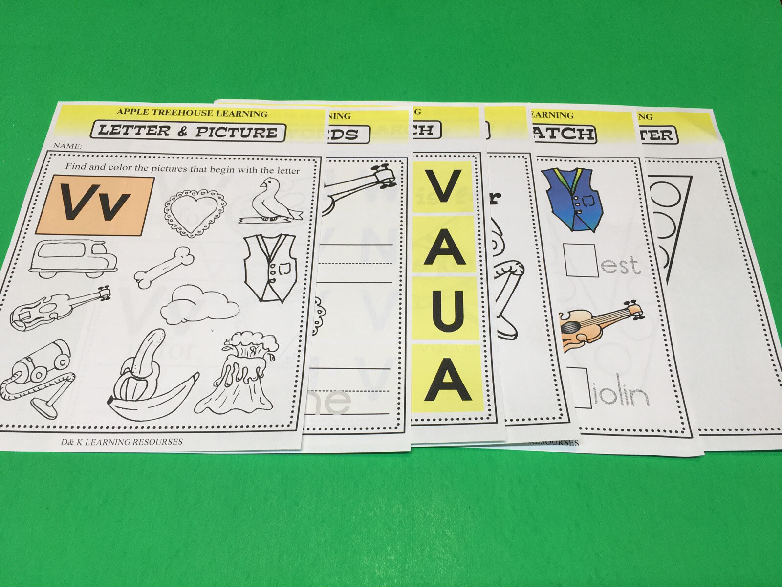 Letter Vv – Apple Treehouse Worksheets – Preschool Teaching supplies 20pgs