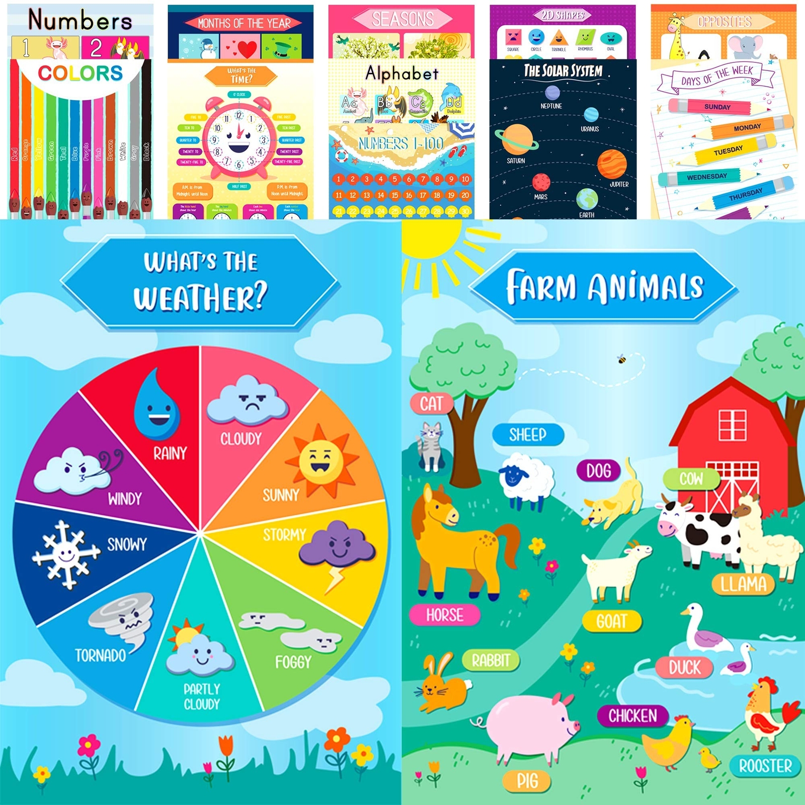 Youngever 13 Pack Laminated Educational Preschool Posters for Toddlers and Ki…