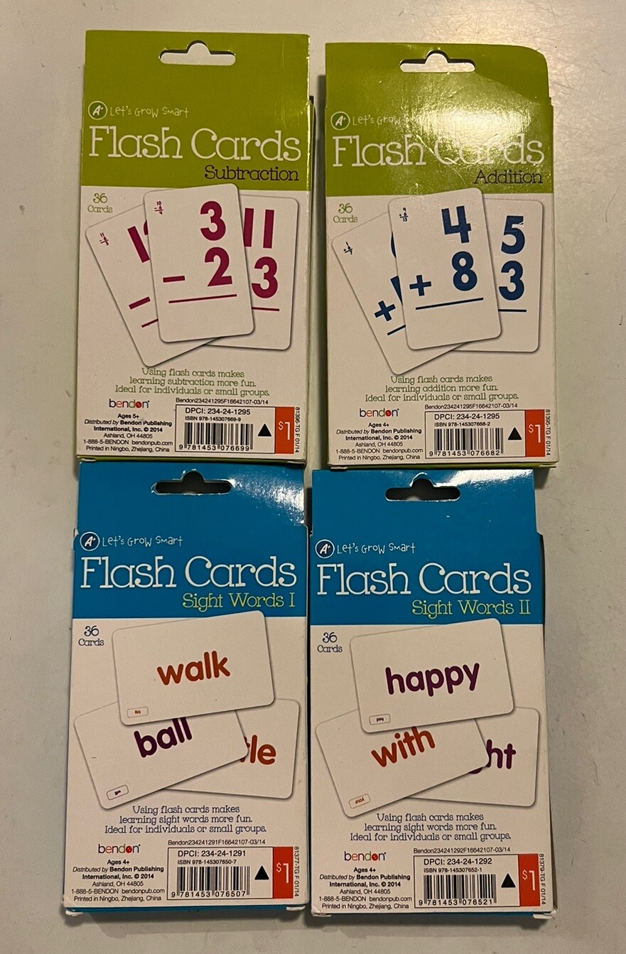 4 Sets Let’s Grow Smart Flash Cards 36 pack Addition Subtraction Slight Words
