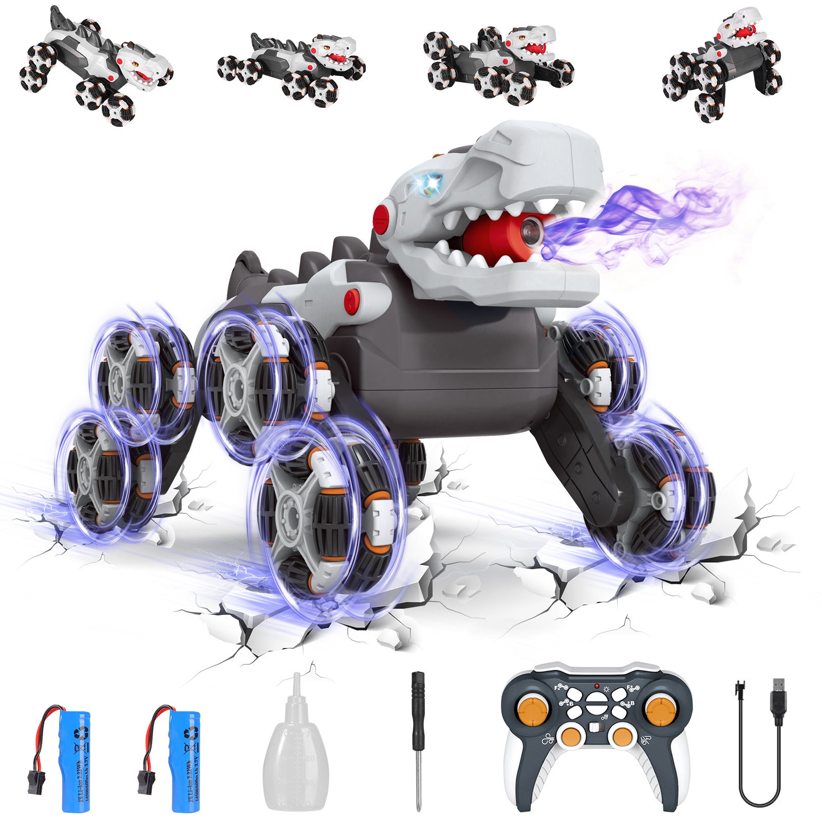 8 Wheels Dinosaur Transform RC Stunt Ca RC w/ Transforming&Spray & 360° Rotation