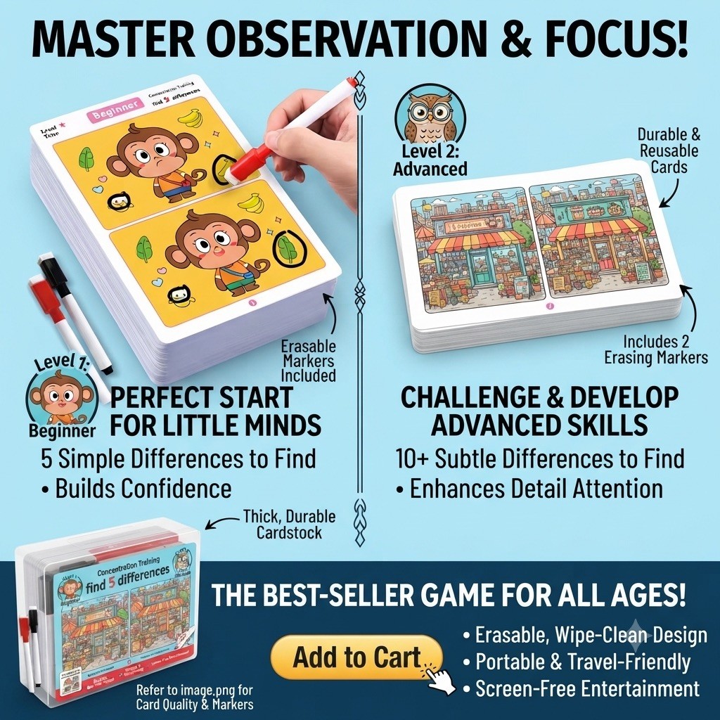 Find Differences Card Game Reusable Cartoon Educational Puzzle for Kids Three
