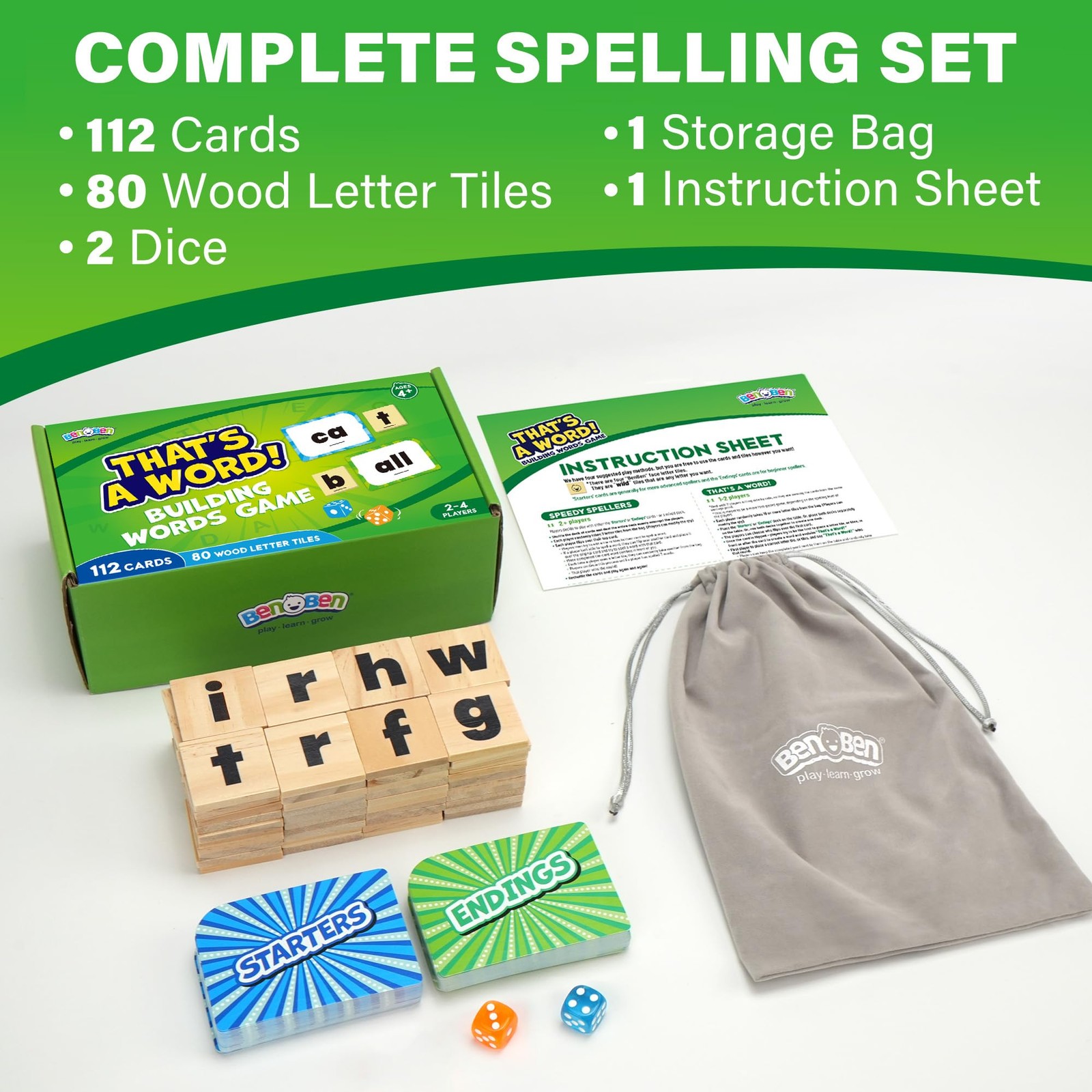 BenBen Family Spelling Games with 112 Flash Cards & Wooden Letter Tiles, CVC Sig