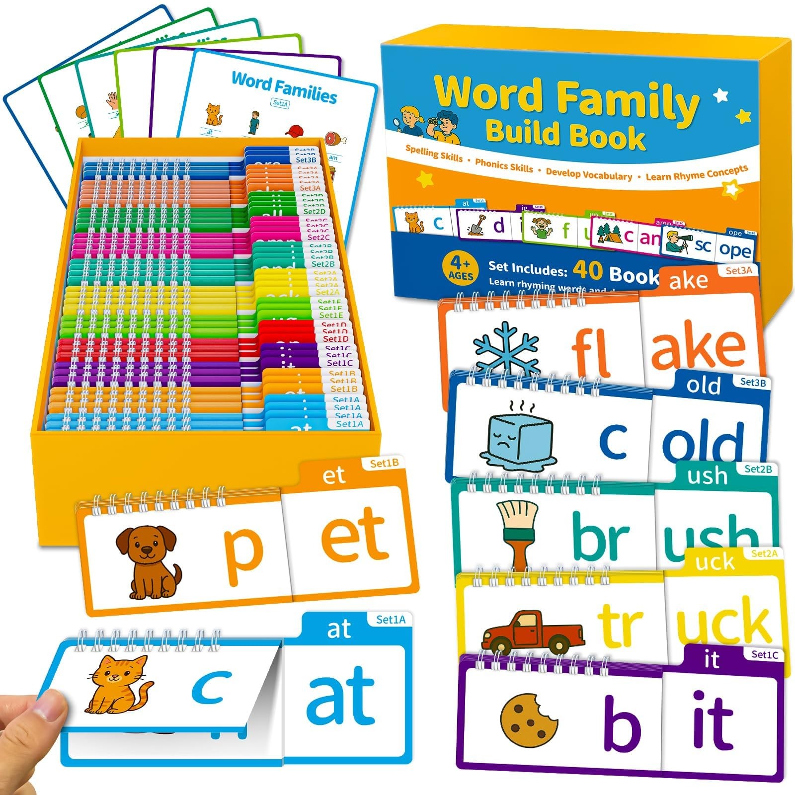 Phonics Flash Cards & Word Family Build Book, 40 Read & Rhyme Flip Books, Lea…