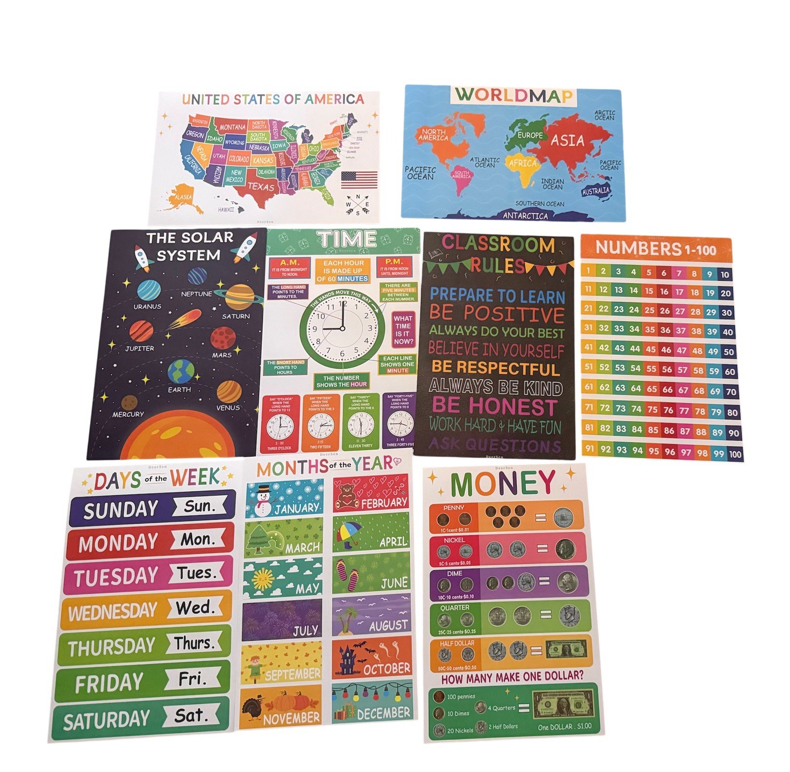 9 Educational Preschool Posters for Toddlers & Kids with Double Sided Tape Dots.