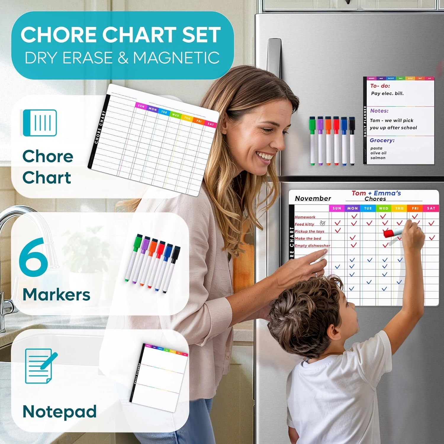 All-in-One Magnetic Chore & Meal Planner Charts – Multi-User Dry Erase Set