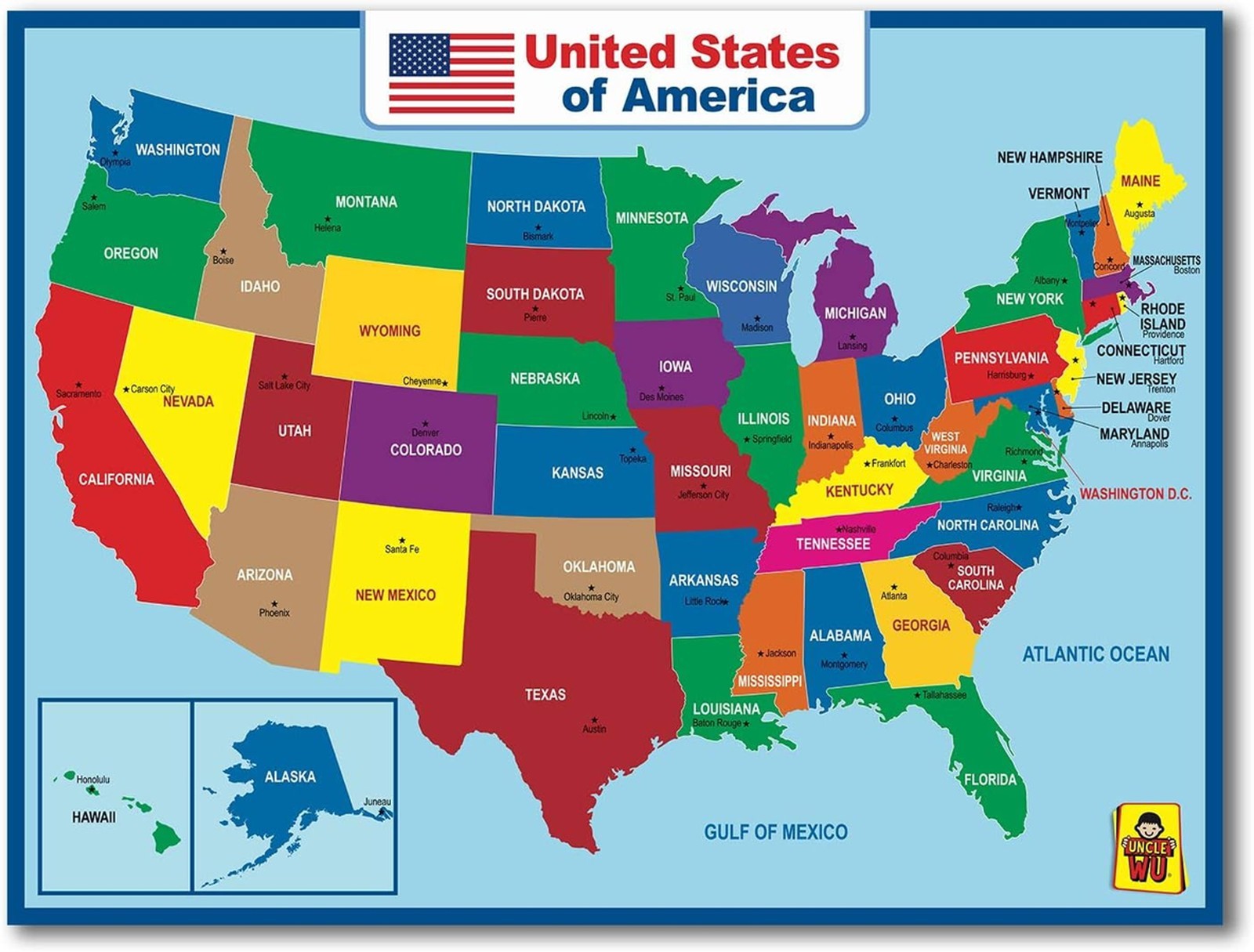 United States Map Educational Poster Dry Erase Laminated 17×23 Inch Waterproof