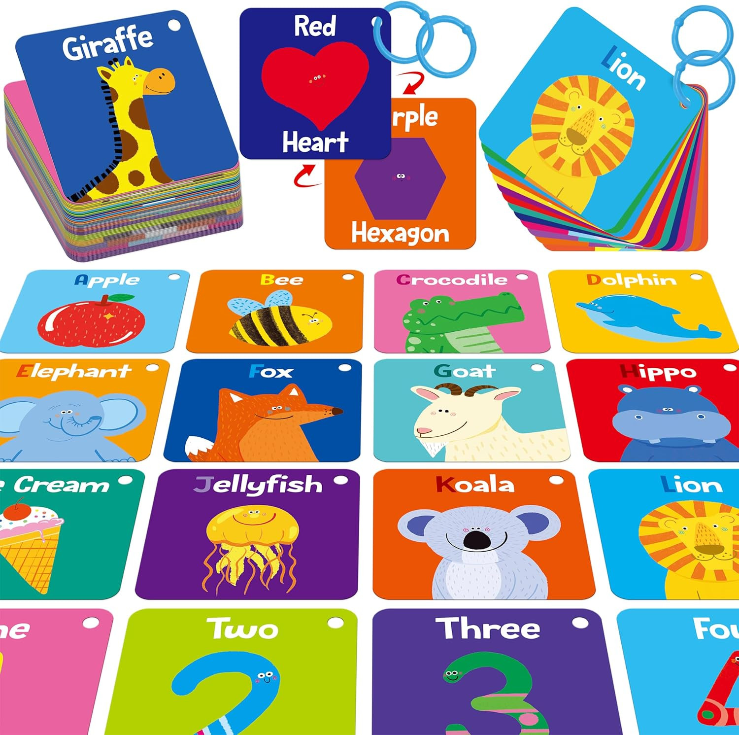 80 PCS Word Flashcards, Double Sided First Word Cards- Alphabet, Numbers, Foods,