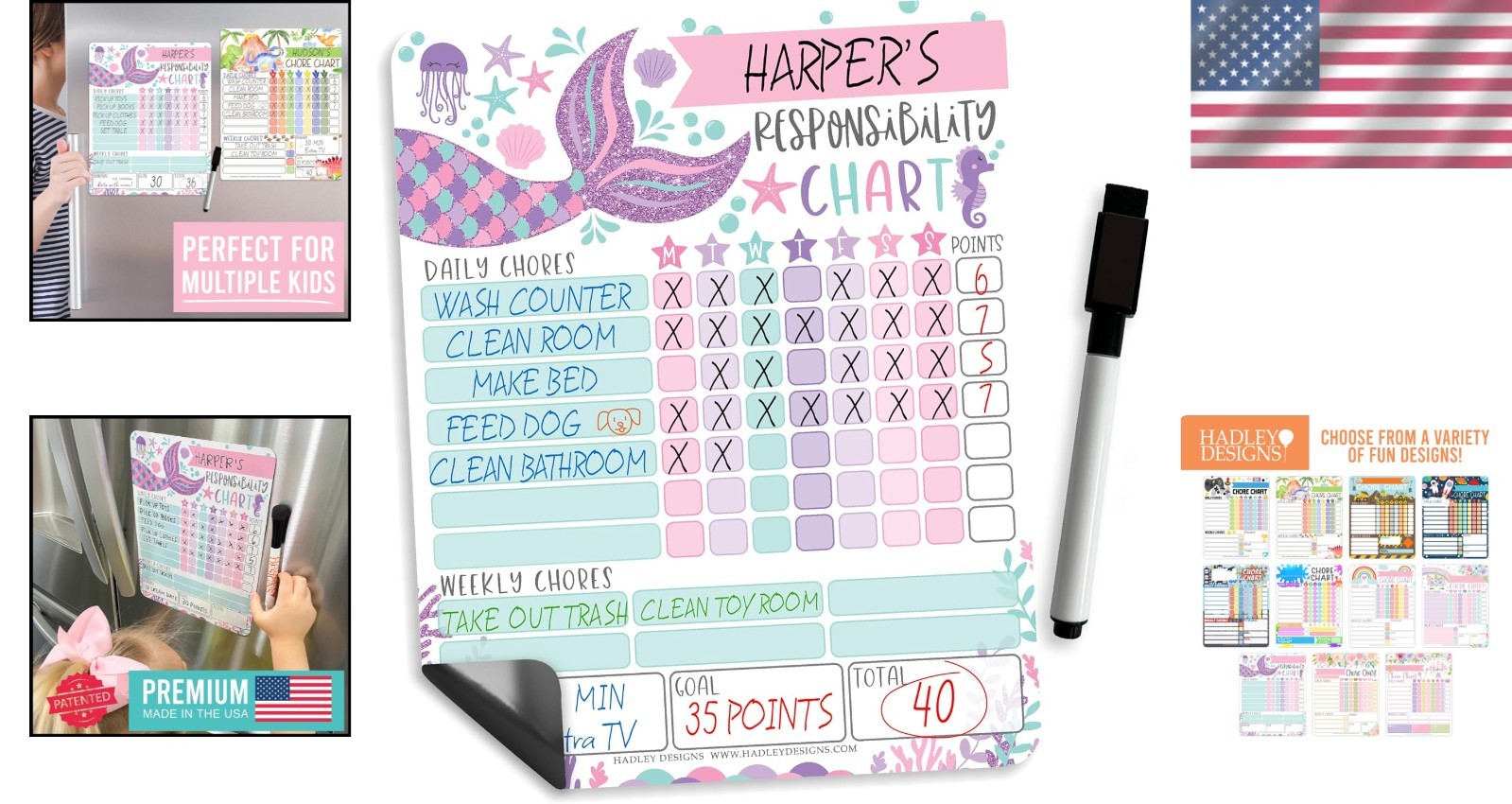 Reusable Magnetic Chore Chart for Kids – Mermaid Design for Family Organization