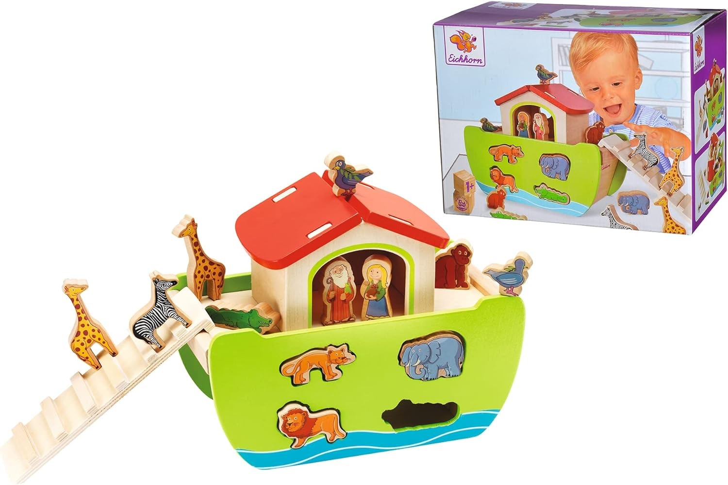 Wooden Noah’s Ark Multi-Colour Shape Sorter Toy with 16 Colourful Animal Shapes