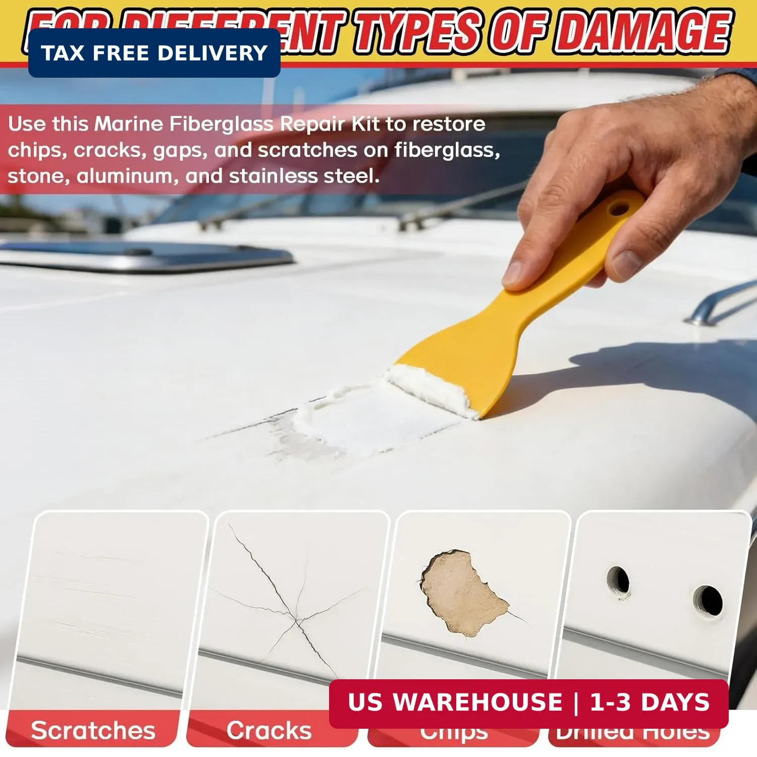 Marine Fiberglass Repair Kit for Boats, Gelcoat Repair Kit for Boats with Waterp
