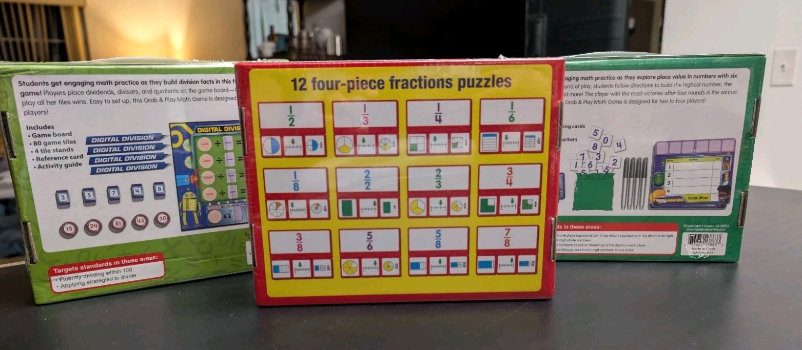Lakeshore Math Games Grades 3-4 Fractions, Division, Place Value Sealed Lot of 3