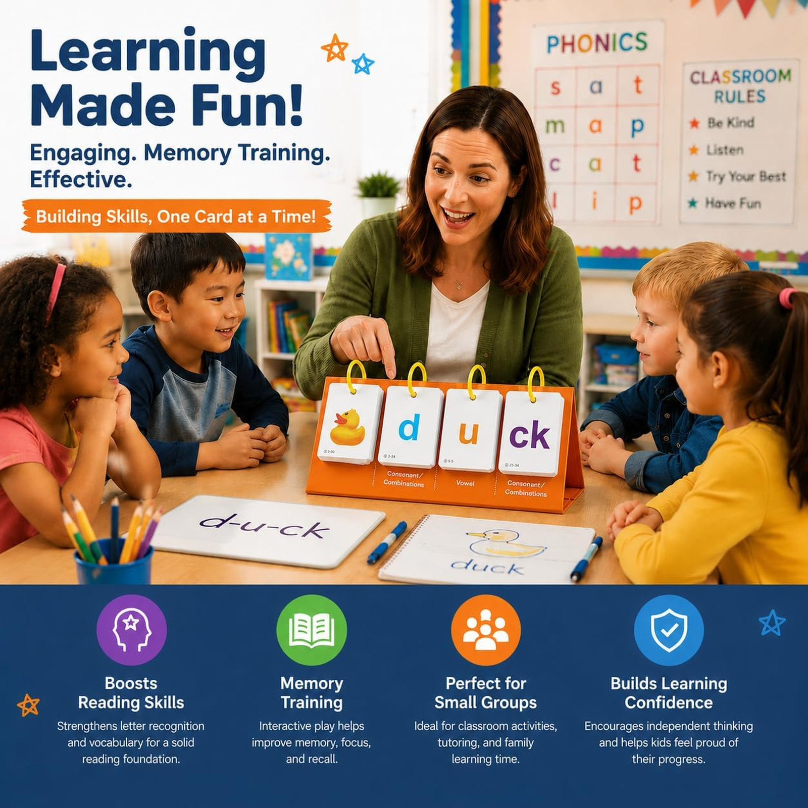 Phonics Flash Cards for Kids 3-8, Sight Words Flash Cards, CVC CVCC CCVC Word