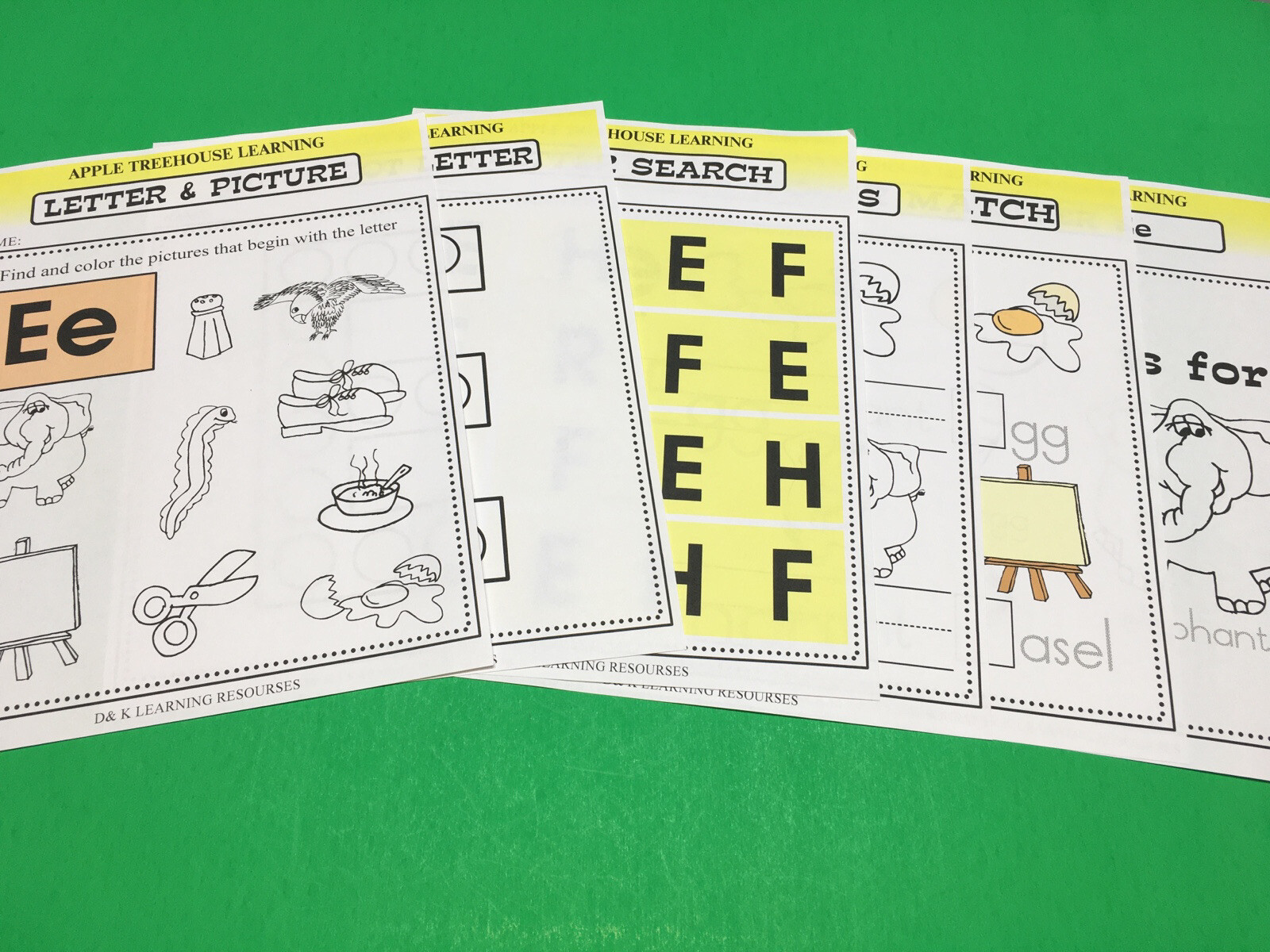 Letter Ee – Apple Treehouse Worksheets – Preschool Teaching supplies 20pgs
