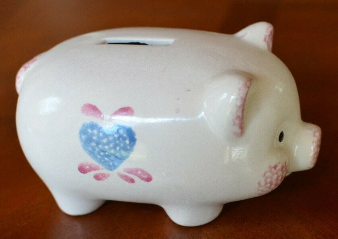 Ceramic Piggy Bank~Heart~rustic~country~traditional~handpainted~pink blue