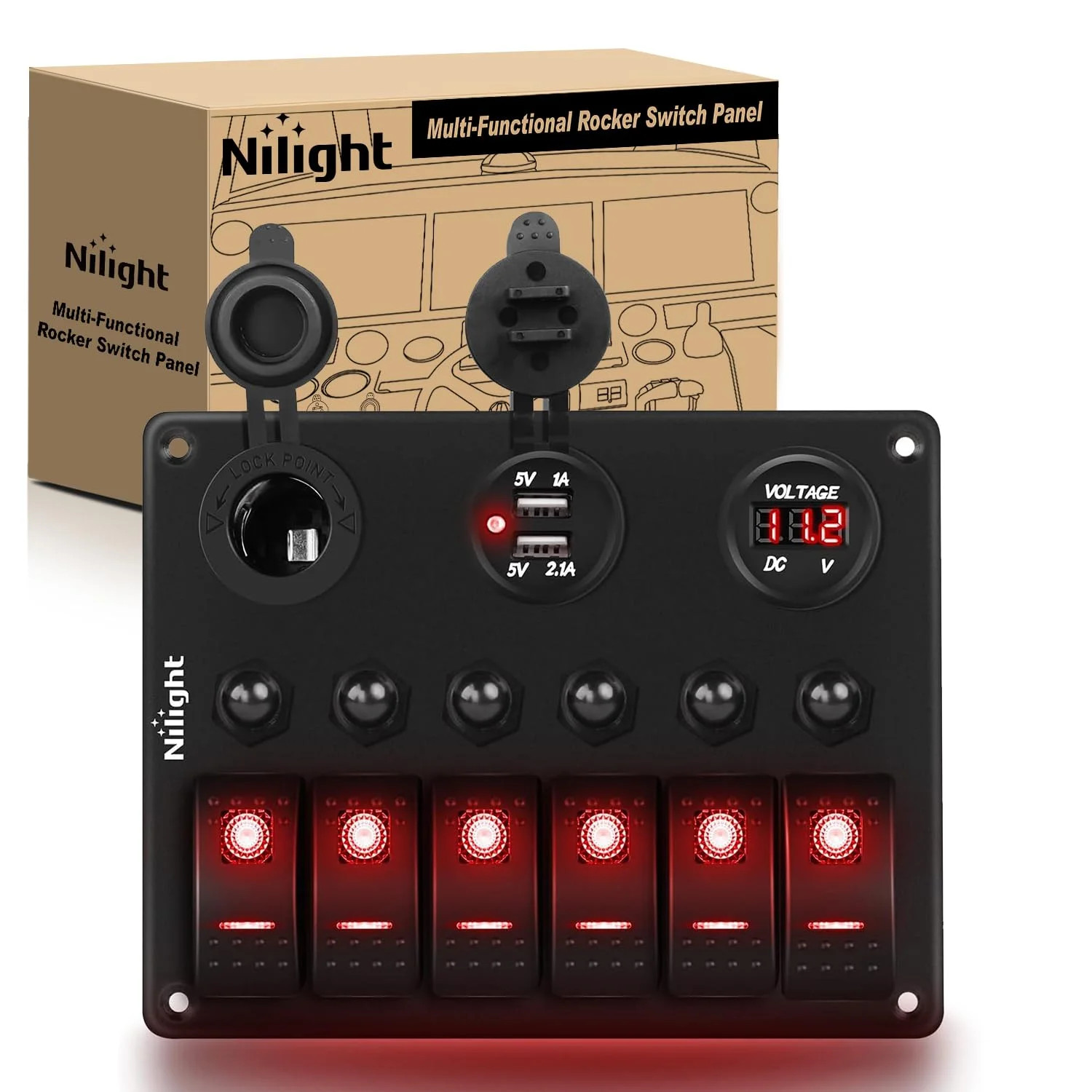 Nilight 6 Gang ON Off Rocker Switch Panel Red Backlit 12V 24V LED Digital Voltme