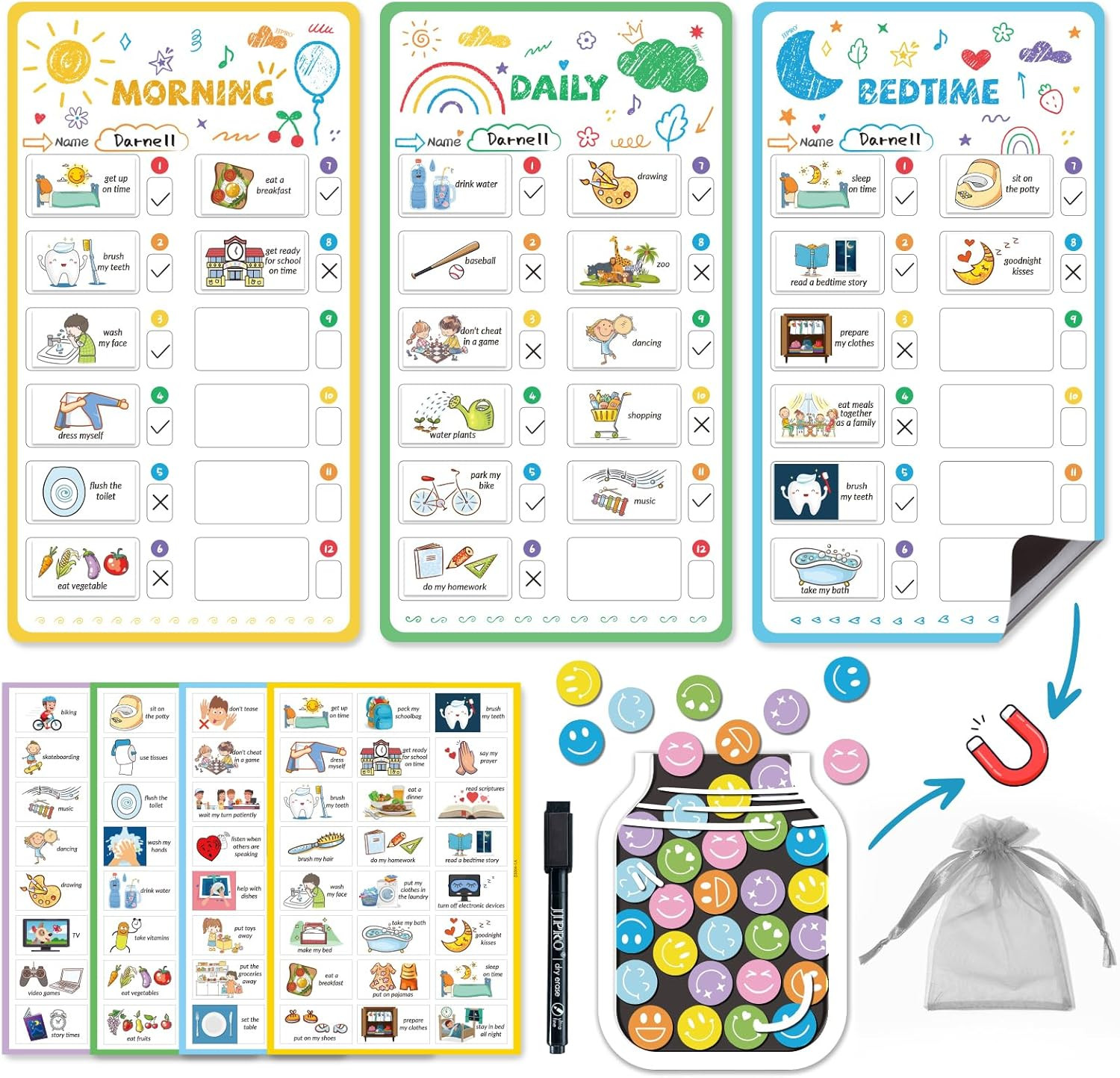 Magnetic Bedtime/Morning/Daily Routine Chart for Kids with Reward Jar-Morning Ro