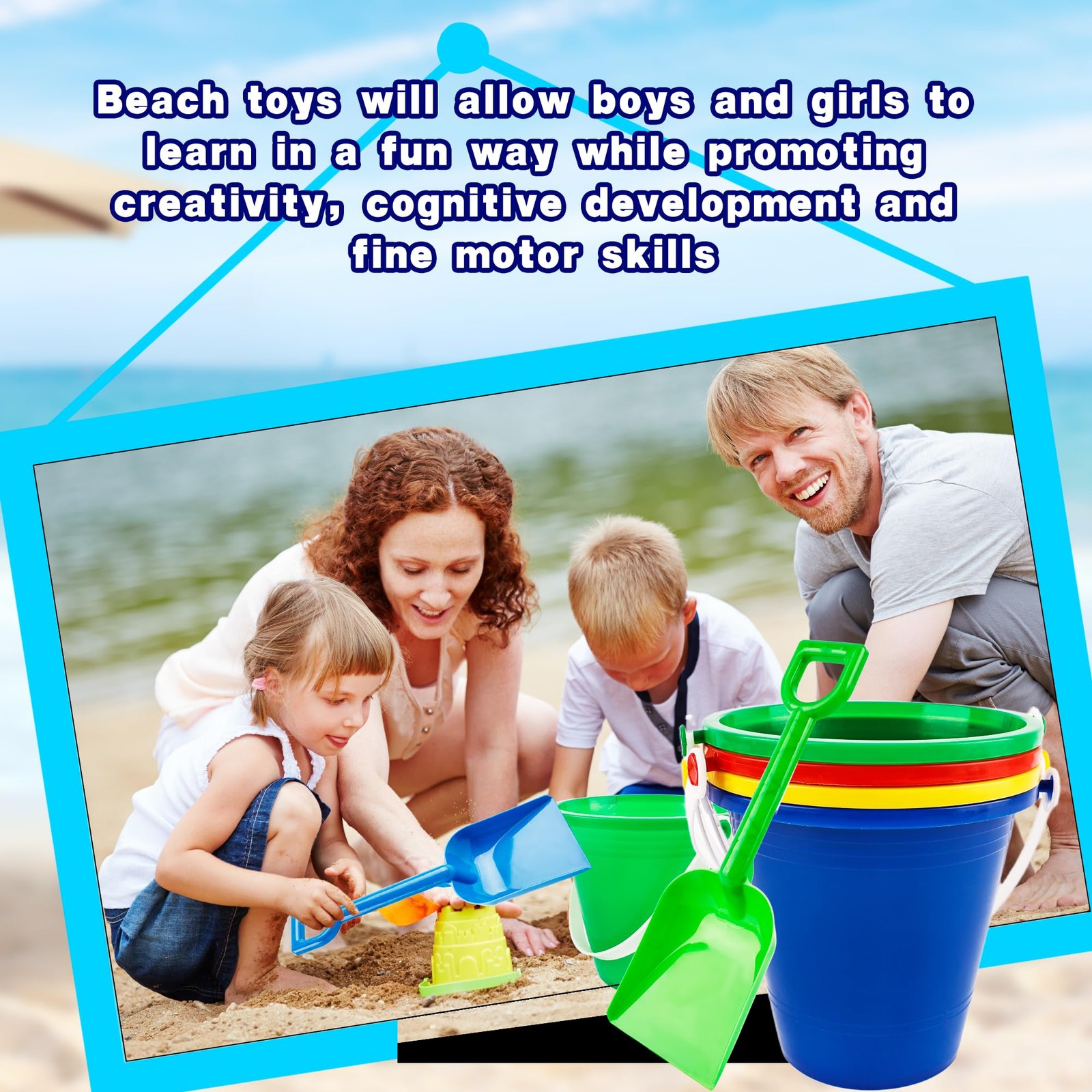 13.5 x 8 x 12 cm (buckets), 19 x 6 (shovels), Red, Blue, Yellow, Green