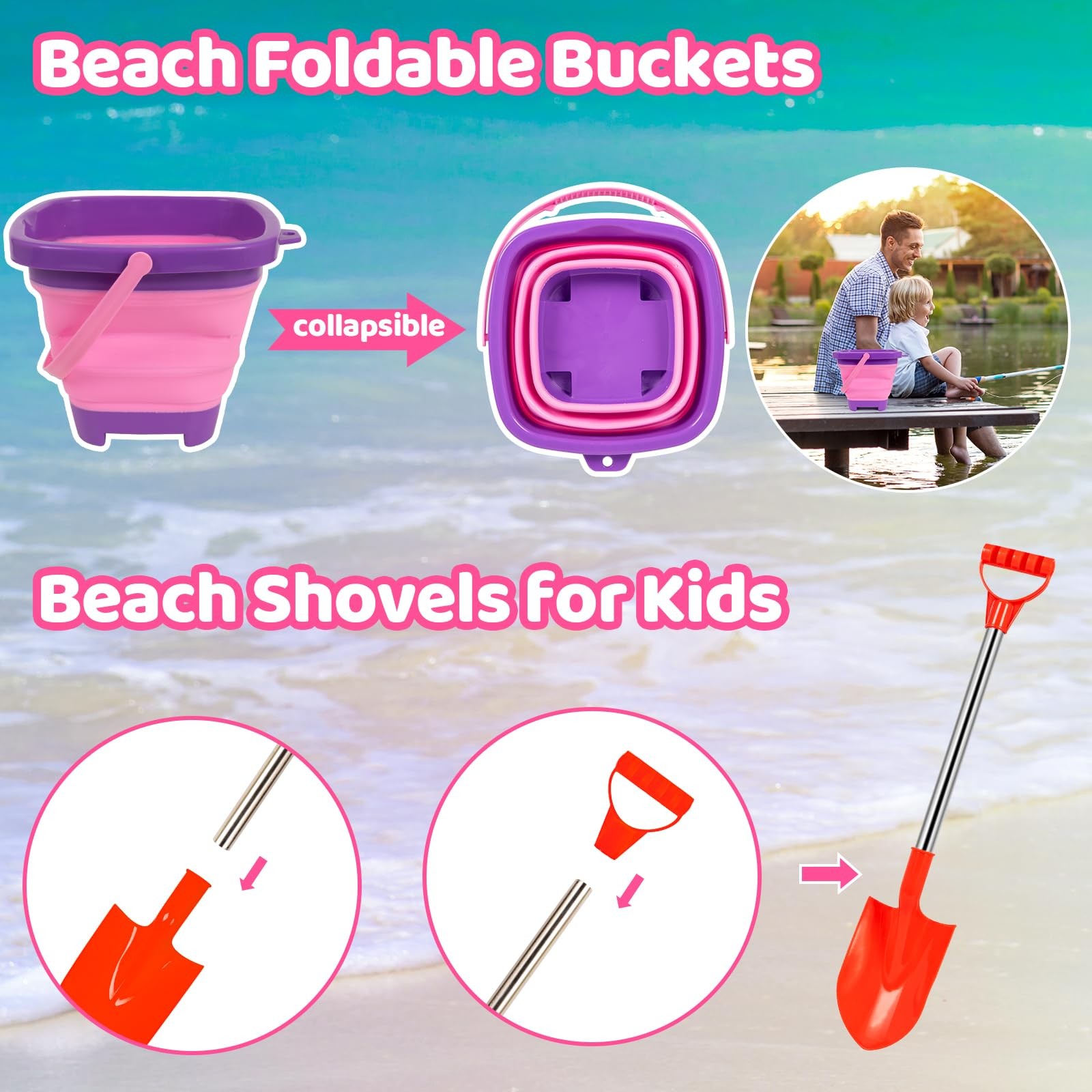 FUNWEGOT Beach Sand Toys Set Includes Collapsible Buckets 2 Large, Multicolor